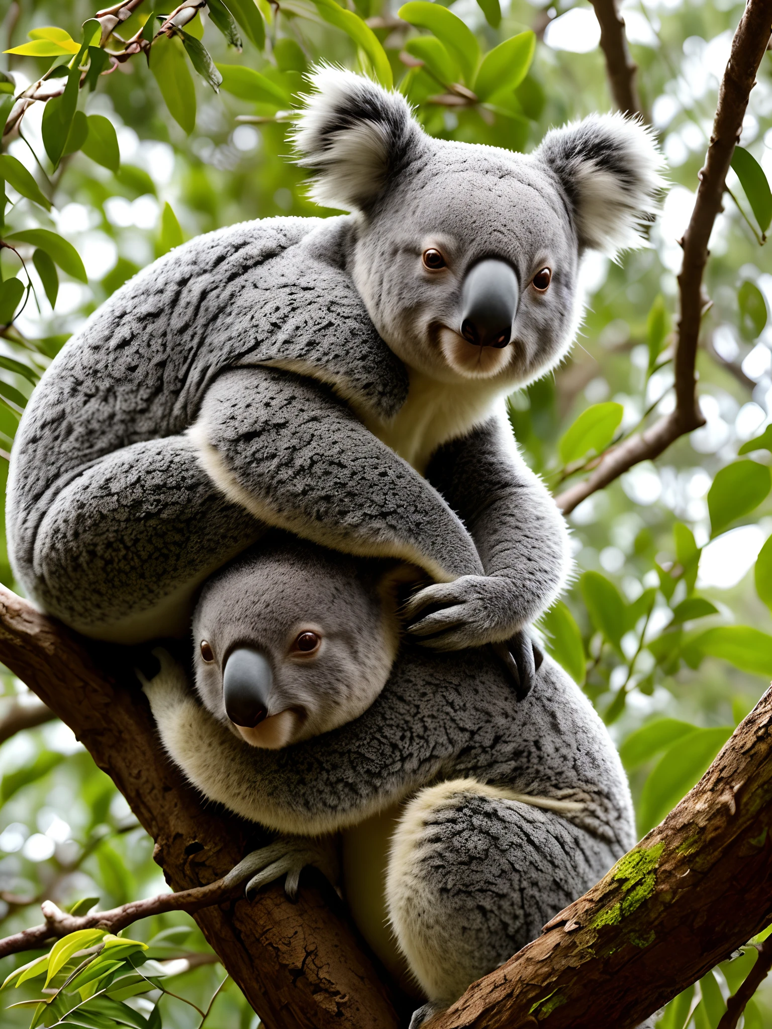 "Imagine um koala sonolento em uma densa floresta de eucaliptos. Write a scene where the koala is resting peacefully on a high branch, mastigando folhas de eucalipto enquanto os sons da floresta ecoam ao seu redor."