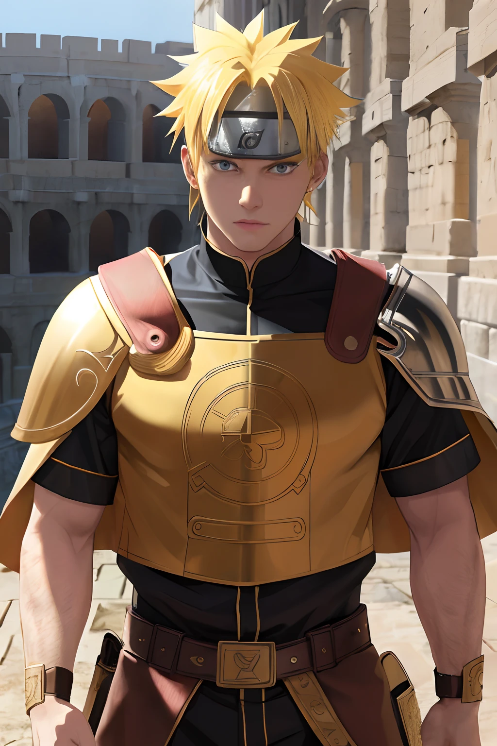 (Absurdres, intricate details, masterpiece, best quality, high resolution, 8k), GS-DeFeminize, (1man), (male:1.2), mature, dandy face, finely detailed eyes and face, athletic body, masculine appeal, commanding presence, ancient Roman man, Mediterranean, blue eyes, auburn crew cut hair, stubble shaving, frustrated, lavish details, lorica segmentata full armor, galea helmet, flutter cape, cinematic pose, rome city background, romanarmy, fantrome, roman soldier, roman city, roman pillars, romapunkai, Depth of Field, VFX, Focal Pull, High Angle Shot, Front Lighting, Tone-mapping, Ambient Occlusion, Secondary Fill Light, Spectacular Map, yellow hair, Uzumaki Naruto,Atmospheric Perspective.