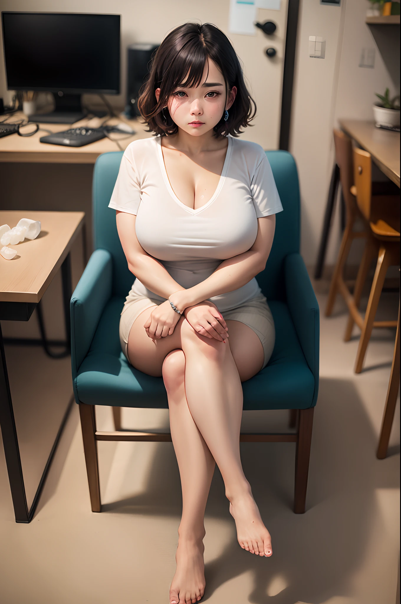 Bob Hair、Salt face、drooing eyes、爆乳、Clothing with body shape lines、Sitting on a chair and crossing legs、An ultra-high picture quality、ultra-quality、Real Pro Photography