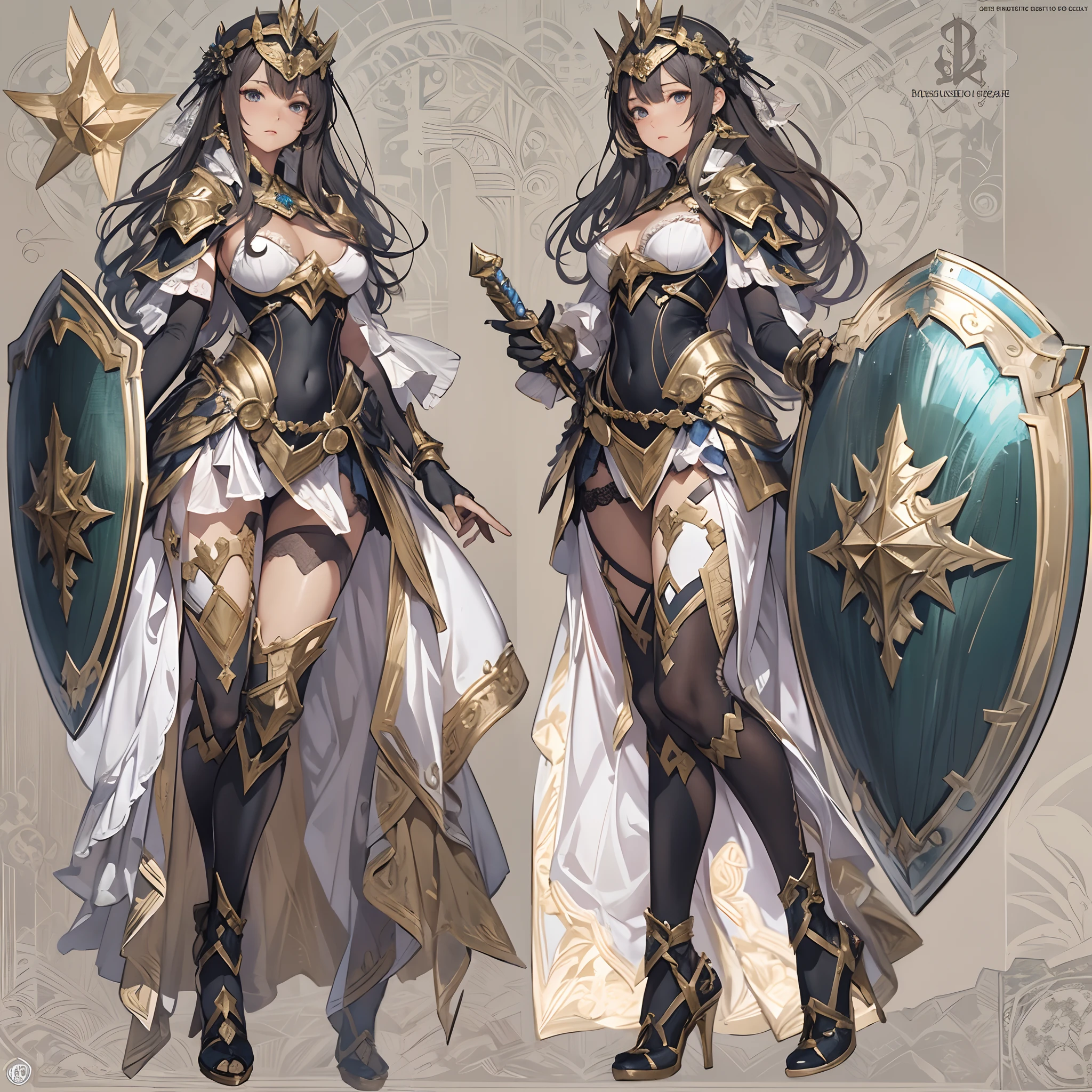 ((Masterpiece, Highest quality)), Detailed face, CharacterDesignSheet， full bodyesbian, Full of details, Multiple poses and expressions, Highly detailed, Depth, Many parts，Beautiful paladin girl，holding a shield，Extremely beautiful，High Balance, Natural light, Lace，lacepantyhose，black in color，starrysky，Star decoration