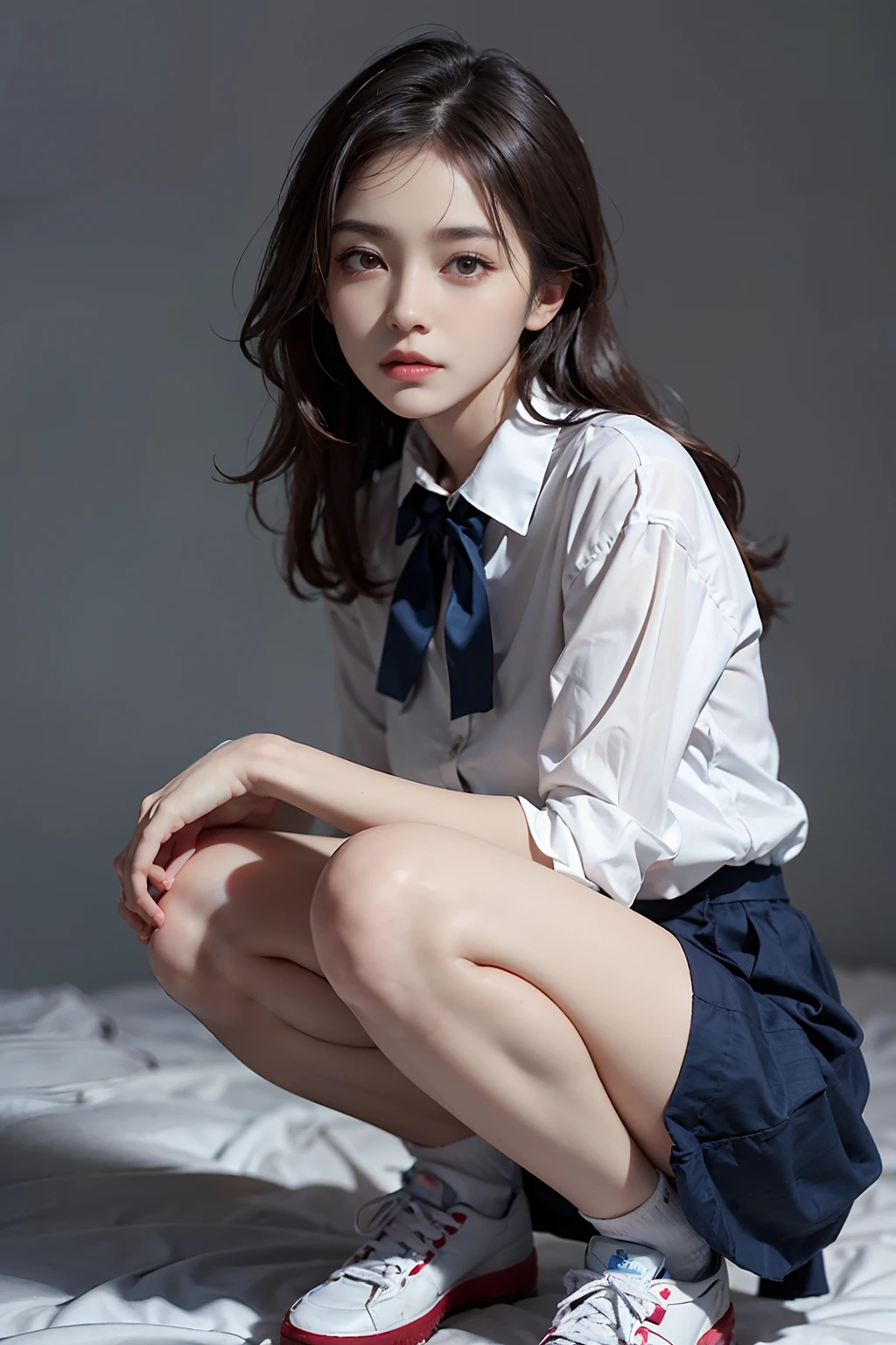 best quaity,Masterpieces,super high resolution,(Lifelike:1.4),Original photo,(Slender legs)(Beautiful hands)(Normal body shape),Perfect hands,dinamic pose,1girle,solo,schooluniform,Legs apart,Expose panties,silk stockings,In the dark,Deep shadows,low-key,Cold light 12000K,