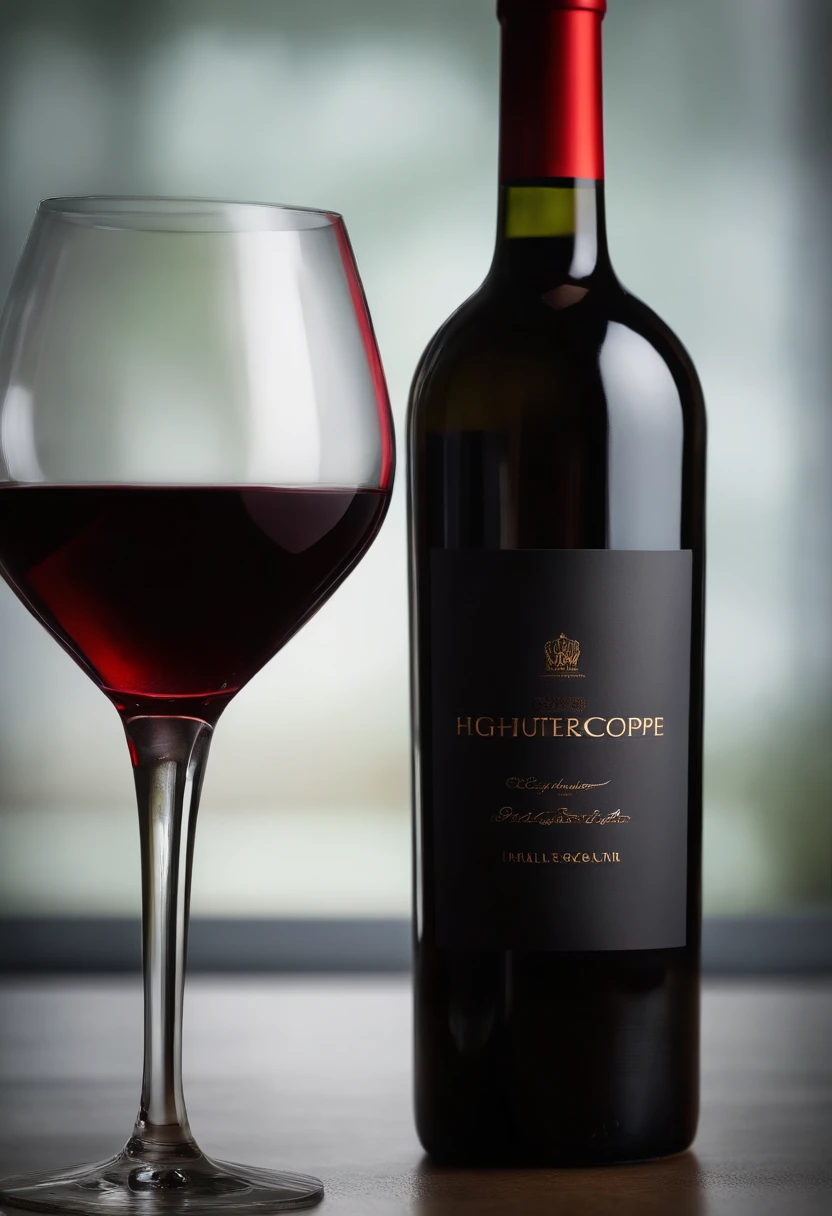 A delicious red wine in a glass with the bottle behind. Fondo oscuro, cinematic colours, profesional photography, Low-light studio lighting. Antecedentes del estudio, advertising photography, Detalles intrincados, hiperdetallado, ultra realista, 8k UHD