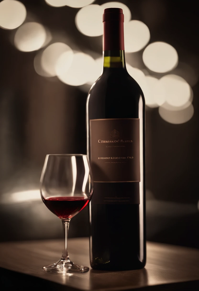 A delicious red wine in a glass with the bottle behind. Fondo oscuro, cinematic colours, profesional photography, Low-light studio lighting. Antecedentes del estudio, advertising photography, Detalles intrincados, hiperdetallado, ultra realista, 8k UHD