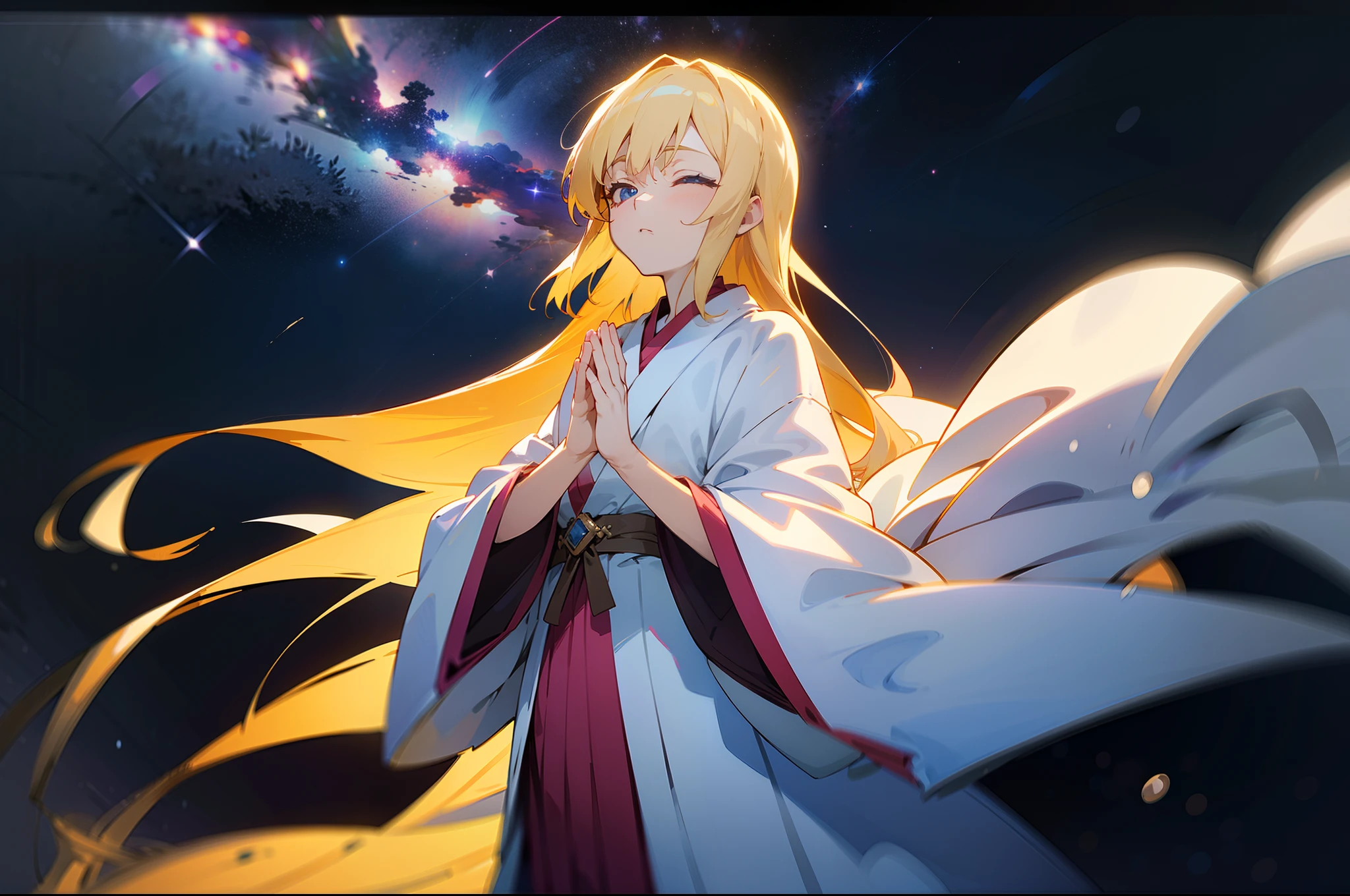 in 8K、top-quality、masterpiece、ultra-detailliert、Ultra-high resolution、(((Anime style)))、1 woman、robe blanche、a blond、Night sky on background、milkyway、Pray、closing eye、Put your hands together