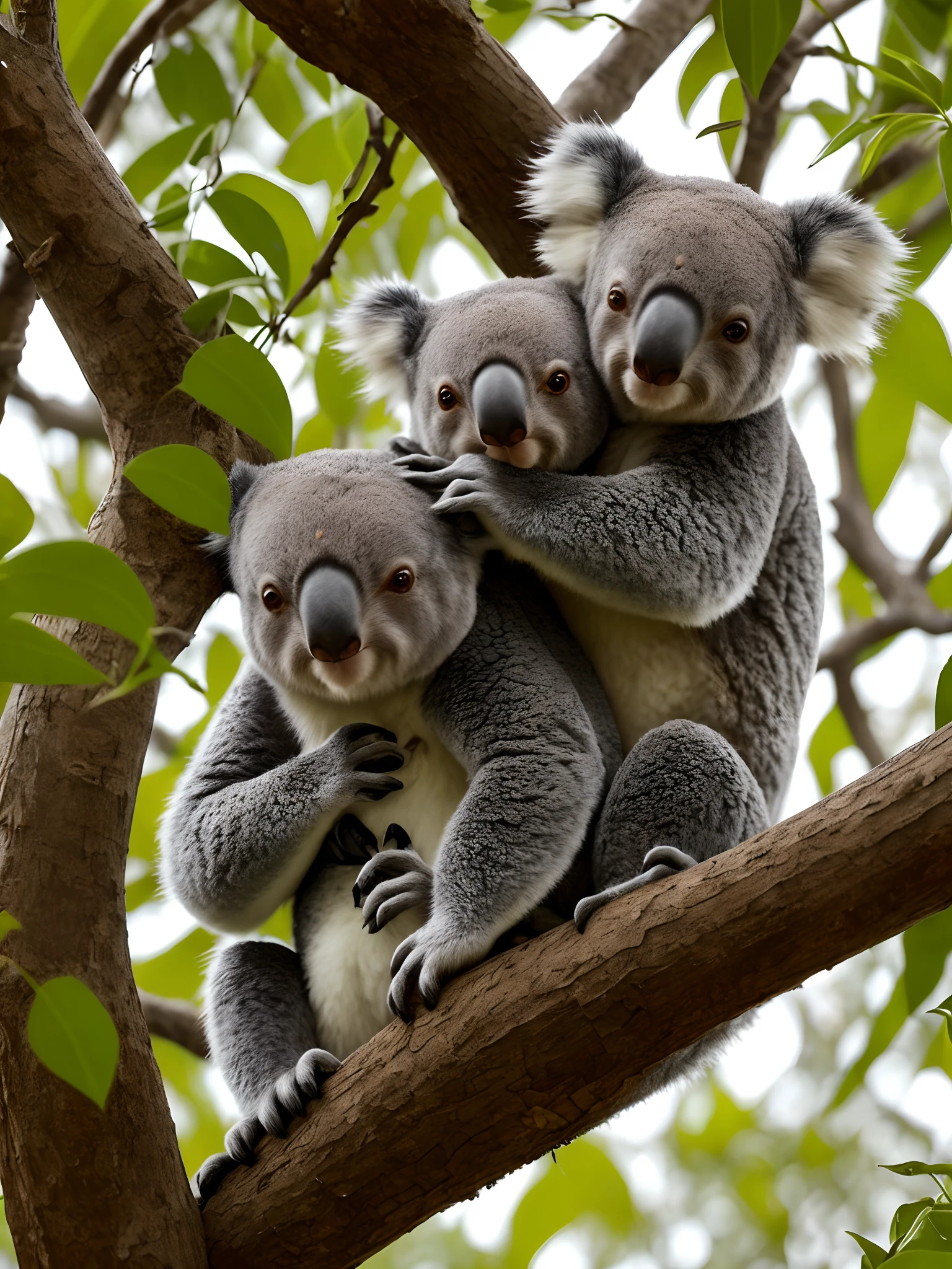 There are two koalas that are sitting on a tree, coala, iStock, Shutterstock, oz, Australiano, in australia, eucalipto, hanging from a tree, trending ，, online, on a tree, apanhado, Natureza Bonita, Image credit: nat geo, hear no evil, Hangout da tarde, amazing beauty, muito intenso, on a tree, family portrait, Sydney