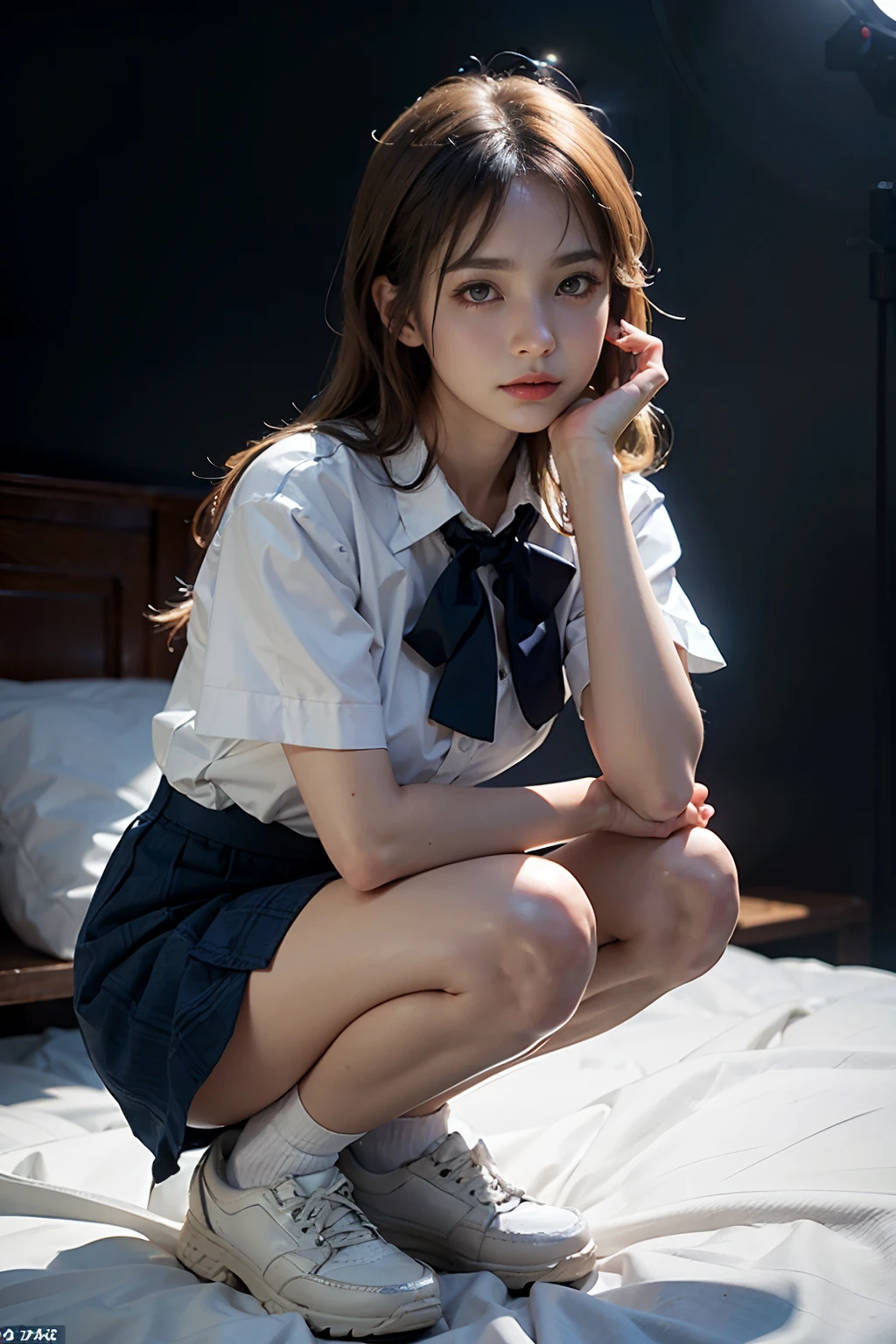 (Photoreal: 1.4), (Hyperrealistic: 1.4), (Realistic: 1.3), (Smooth lighting: 1.05), (Improved Cinematic Lighting: 0.9), 32K, Japanese woman with a faint smile, Realistic lighting, Backlight, Face Lights, Ray traching, (Bright light: 1.2), (Quality improvement: 1.4), ( Top quality realistic texture skin: 1.4), Fine Detailed Eyes, Detailed face, Fine quality eye, Dark brown eyes, (Tired, Sleepy and Satisfied: 0.0), Pale light, White blouse, Bow tie, Navy blue skirt, Silk white ankle socks,The edges roll up and wear out, White background, Squat on the bed with your legs