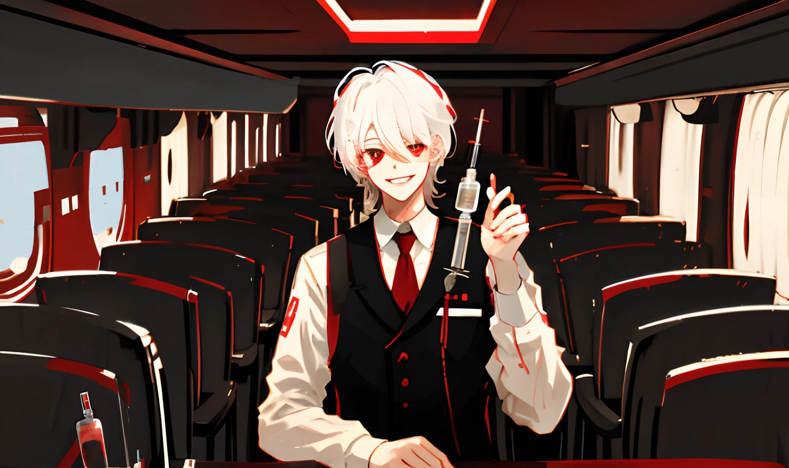 Single portrait,White color hair,red color eyes,Boy student,Hold the syringe in your hand,Dark suit,The psychopath smiles,There is a dark mahogany table in front of the seats,Single portrait,The overall tone is dark