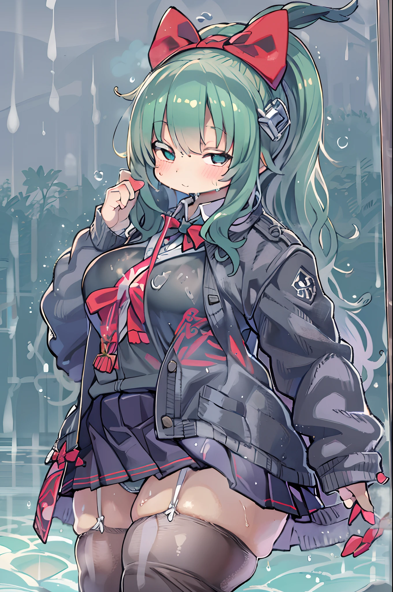 Best Quality, hight resolution, absurderes, Ultra-detailed, Suzuya_(kancolle), 1girl in, long_hair, Skirt, Solo, Shirt, Rain, Wet_Clothes, hair_ornament detached, Wet, Underwear, pleats_Skirt, See-through, bowtie, Red_Bow、bbw、thick thight、big butts、Ultramammy