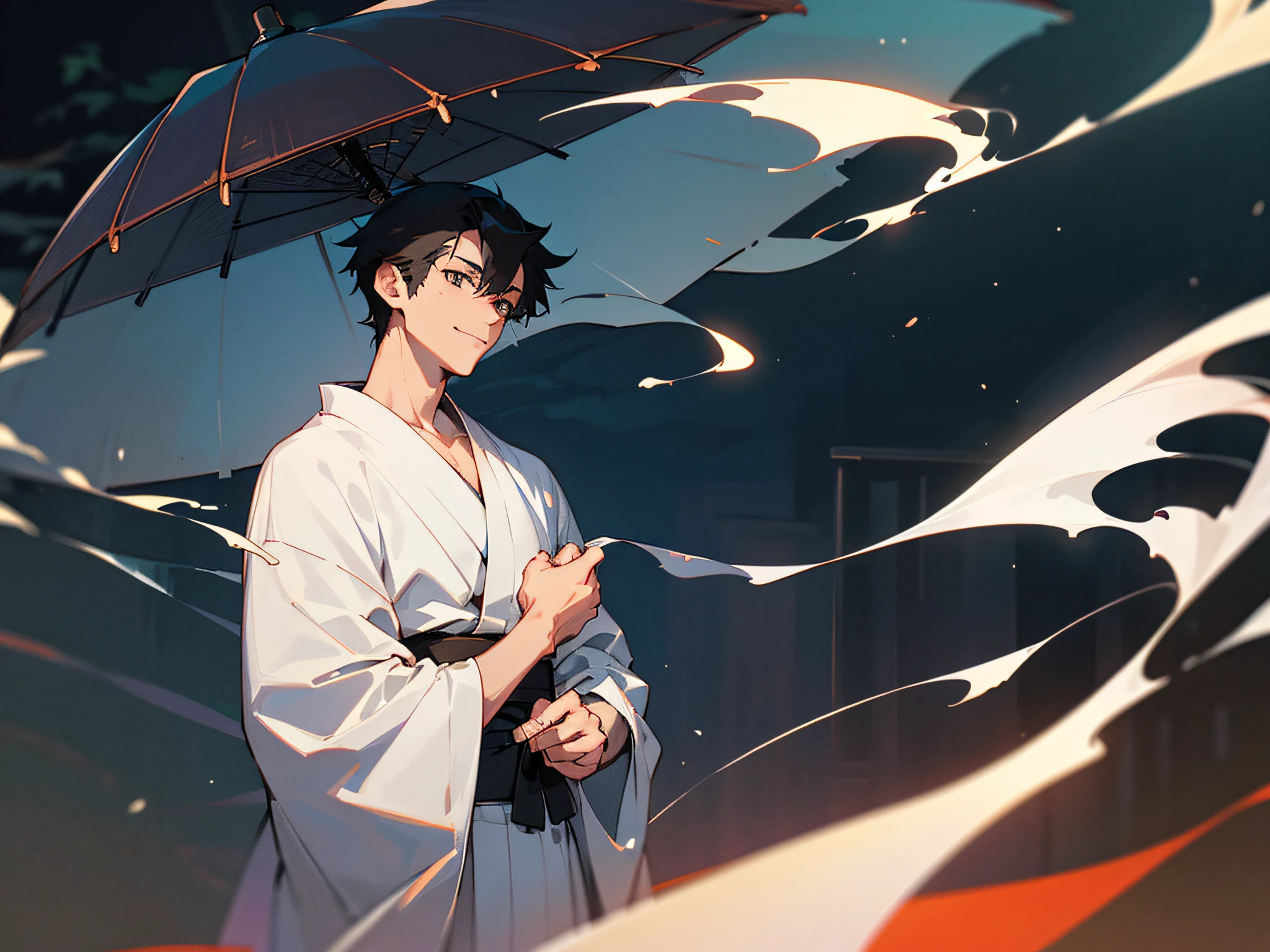 (Handsome men: 1.4), White shirt, Short black hair, Delicate face, Fair skin, kimono, ((On the street at night: 1.4)), Night, Deserted, nobody, 8km HD Images, Masterpiece-level high-quality images,ryokan、Greet us with a smile