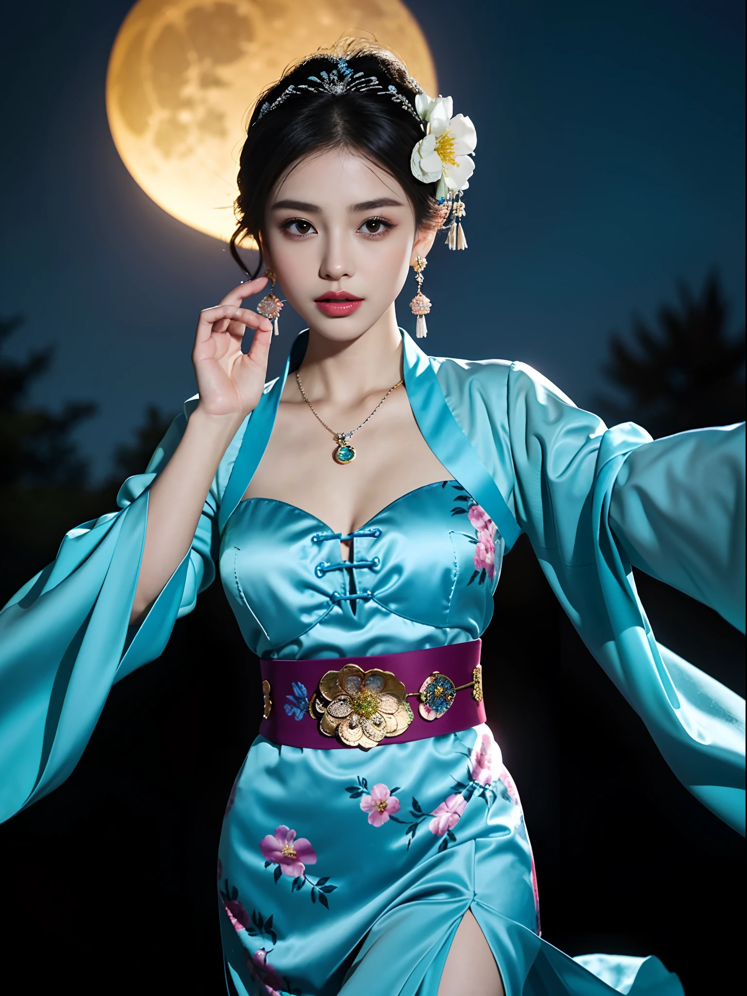 An unimaginable sight of a bright moonlit night, 1girll, Solo, Turning Head, teeth, parted lip, 8K, Best quality,High quality deep V clothing, Masterpiece,rich facial texture, beautiful pendant,Evening, full moon, Medium breasts,(Chinese clothing), jewelry, Earrings, dress, cleavage, Floral_print, Long_Sleeves,flower headpiece,Sexy pose, jewelry ,Hair_flower, sash,