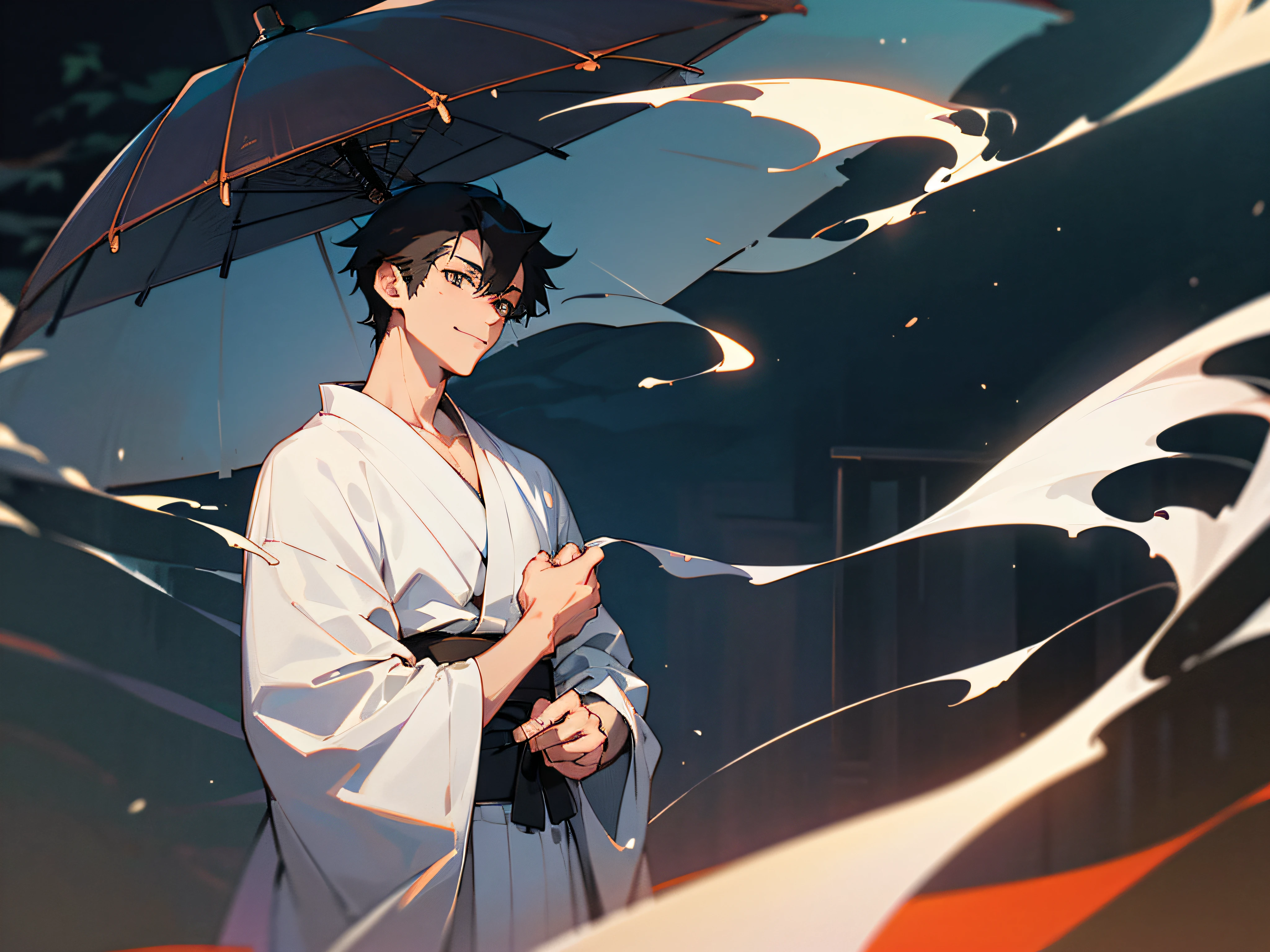 (Handsome men: 1.4), White shirt, Short black hair, Delicate face, Fair skin, kimono, ((On the street at night: 1.4)), Night, Deserted, nobody, 8km HD Images, Masterpiece-level high-quality images,ryokan、Greet us with a smile