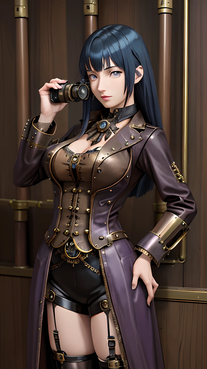 Woman in steampunk costume taking photo, wearing steampunk attire, steampunk fantasy style, (Steampunk), ( Steampunk ), a steampunk beautiful goddess, steampunk beautiful anime woman, Steampunk Girl, Steampunk style, steampunk fantasy, Steampunk, steampunk inventor girl, golden steampunk, steampunc, steampunc, Set in a steampunk world, Vivid steampunk concept, long dark blue hair, Blunt Bangs, purple eyes