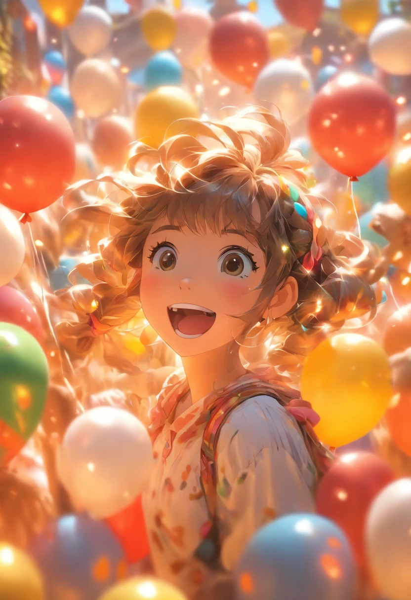 A girl with a zoo, Many balloons, cheerfulness, cheerfulness, Perfect quality, Clear focus (clutter-home: 0.8), (Masterpiece: 1.2) (Realistic: 1.2) (Bokeh) (Best quality) (Detailed skin: 1.3) (Intricate details) (8K) (Detail eyes) (Sharp focus), (cheerfulness)