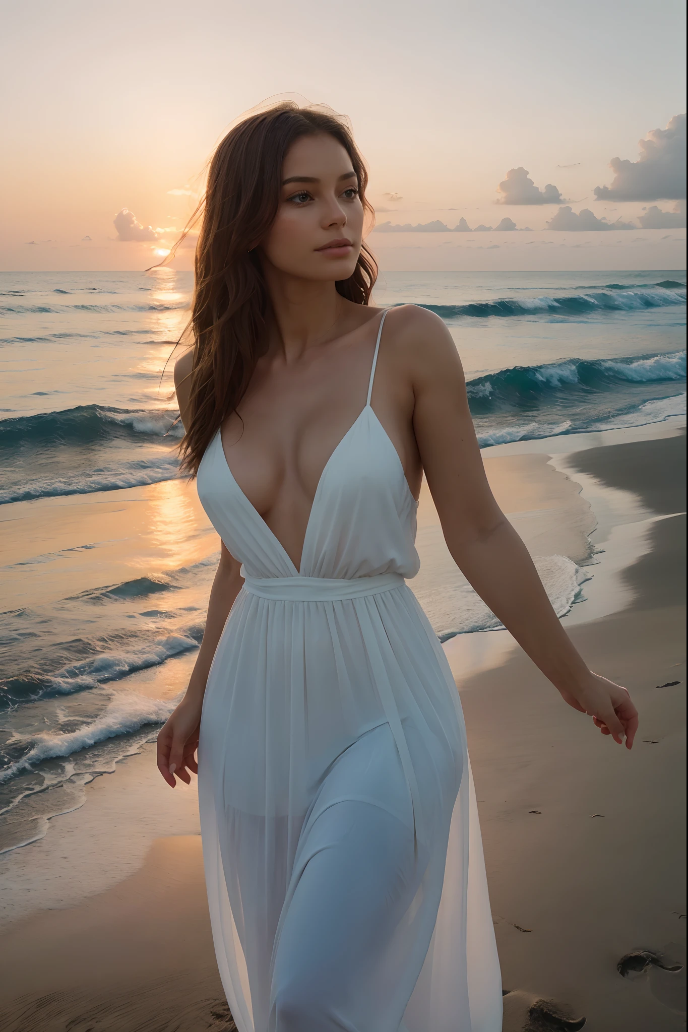 Sally-Anne, A Photograph of a serene beach at sunset, pastel hues caress a figure in a flowing white dress, embodying tranquility and freedom., Mysterious