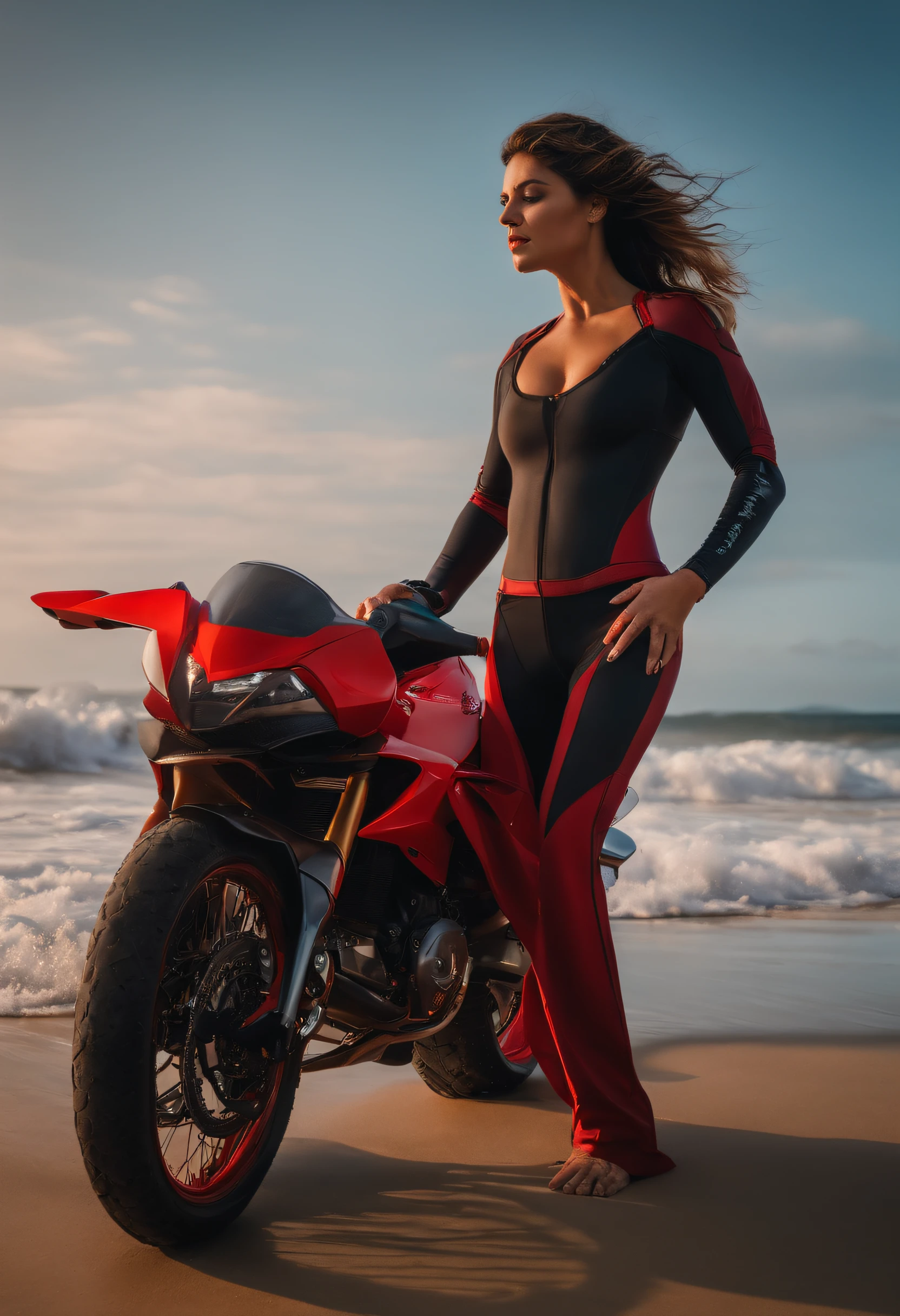mulher morena na praia, de roupa ninja, surfando com uma moto no mar vermelho
