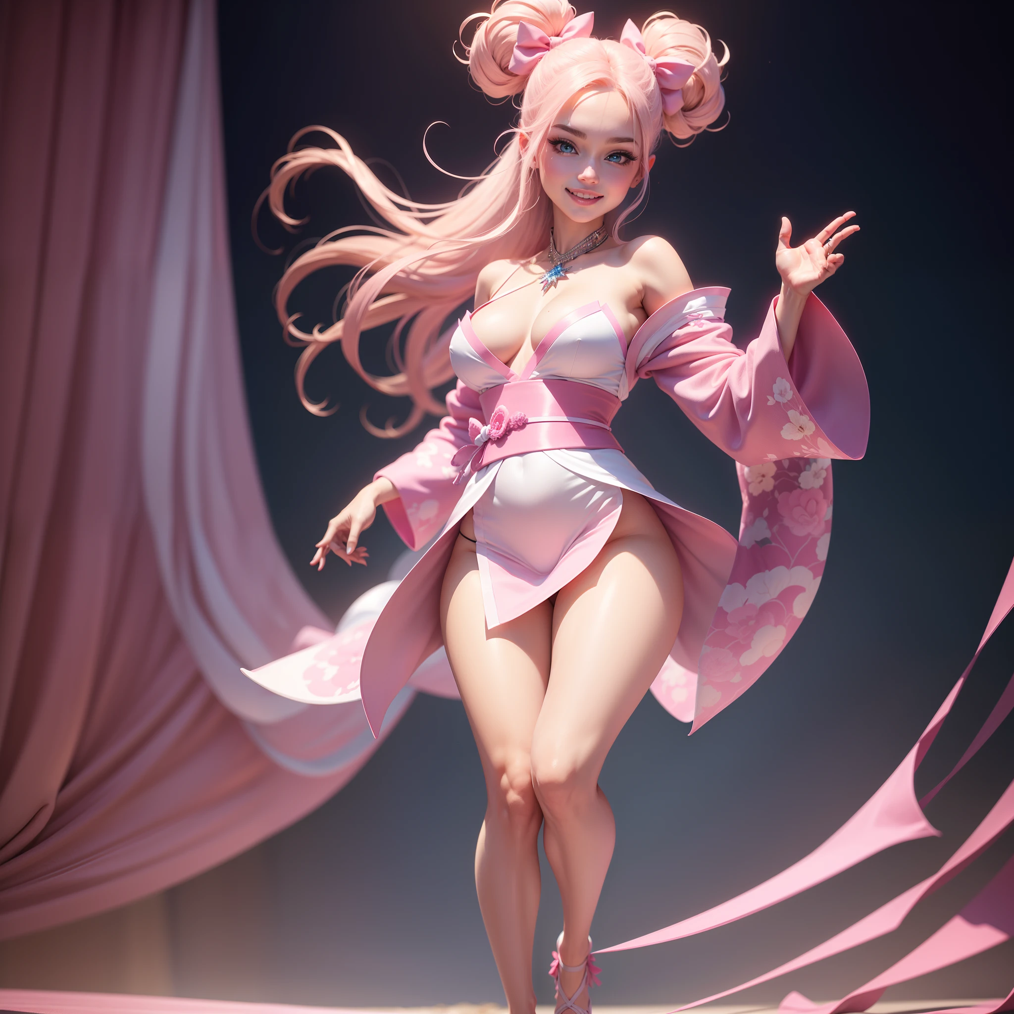 One Barbie, ((Full body)), Blue eyes, Smiling face, Hair loss swaying in the wind, Hip Hop Singer Pose, Dressed in hip-hop style, Wearing a pink kimono that reflects light,swarovski,pasties,With a pink bow on the arm, Fashion, Extremely high quality, high details, 8K, clean back ground, in studio, ((Full body shot)),Align your fingers neatly,Accurate Hand Modeling,wave her hand,