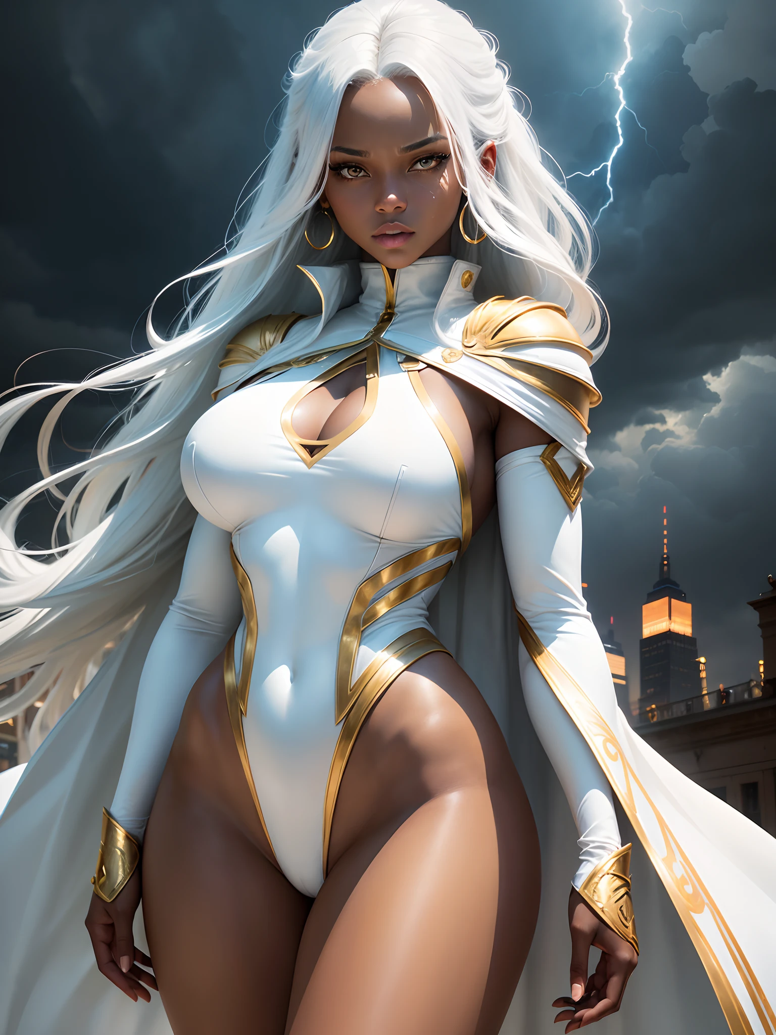 (dark skin: 1.6), (New York: 1.4), (time square: 1.3), (Day with Thunder and Lightning: 1.5), Storm, also known as Ororo Munroe, is a Marvel character with a remarkable appearance. She is a dark-skinned woman with a pretty face and perfect features, with bright white eyes and long silver hair that flows like a storm. Her height and size are impressive, conveying a majestic presence. Her iconic costume consists of a white leather outfit that clings to her body, accentuating her curves, with gold details including a high collar and long gloves. She wears a cape that extends to her ankles, reminiscent of the clouds of a gathering storm. Storm also sports dangling earrings and a gold belt. Her clothes evoke a balance between elegance and power, reflecting her ability to control the natural elements, especially the weather. (athletic body: 1.5), (Bright white outfit coru leotard: 1.5), (average breasts: 1.3), (hanging breasts: 1.3), (full breasts: 1.3), (realism:1.5), (Realisitc:1.4), (Absurdity:1.4), 8k, ultra-detailed, Detailed beautiful woman, (only:1.4), 1girl, (Viewer facing:1.2), (Day with storm and lightning: 1.5), Intricate body details, (Curvy: 1.3),(short:1.3)