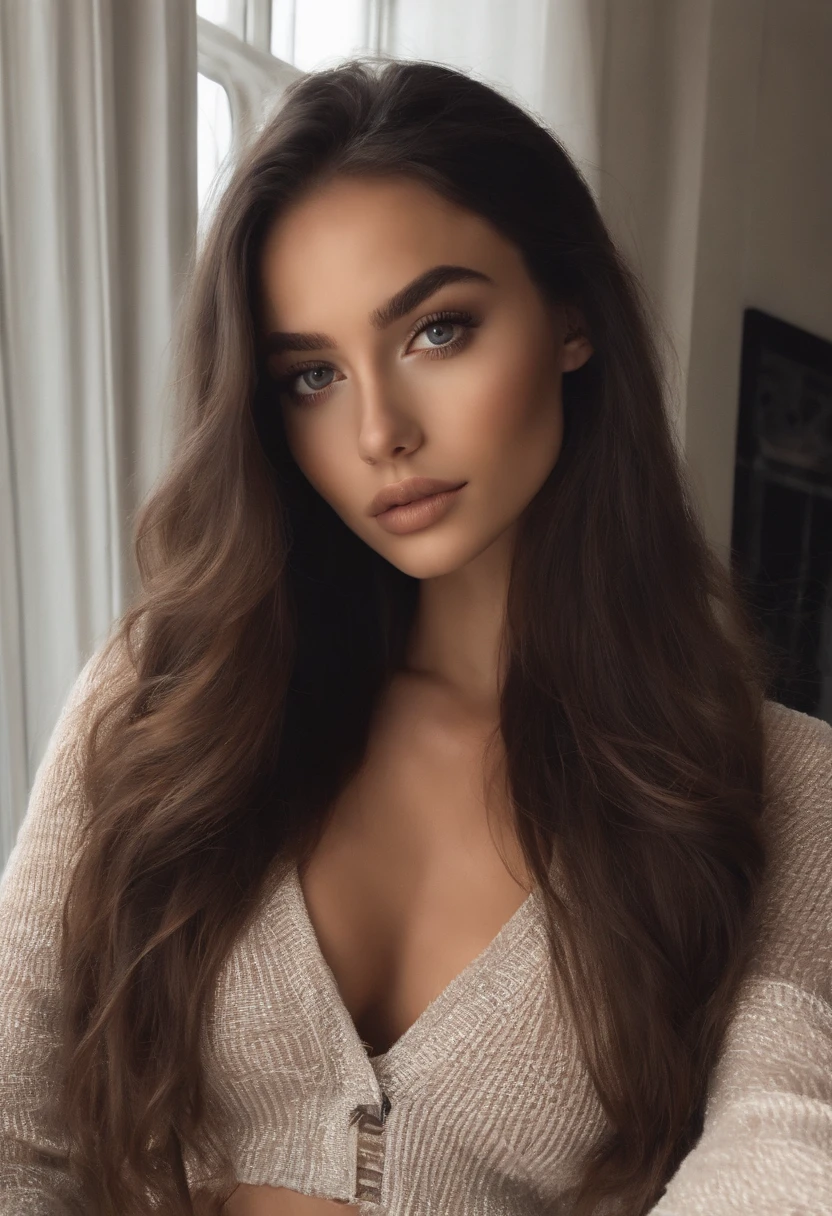Femme , fille sexy aux yeux bruns, Portrait Sophie Mudd, cheveux bruns et grands yeux, selfie of a young woman, Yeux de chambre, Violet Myers, sans maquillage, maquillage naturel, looking straight at camera, Visage avec Artgram, Maquillage subtil, Superbe demi-corps, dans la chambre, clivage
