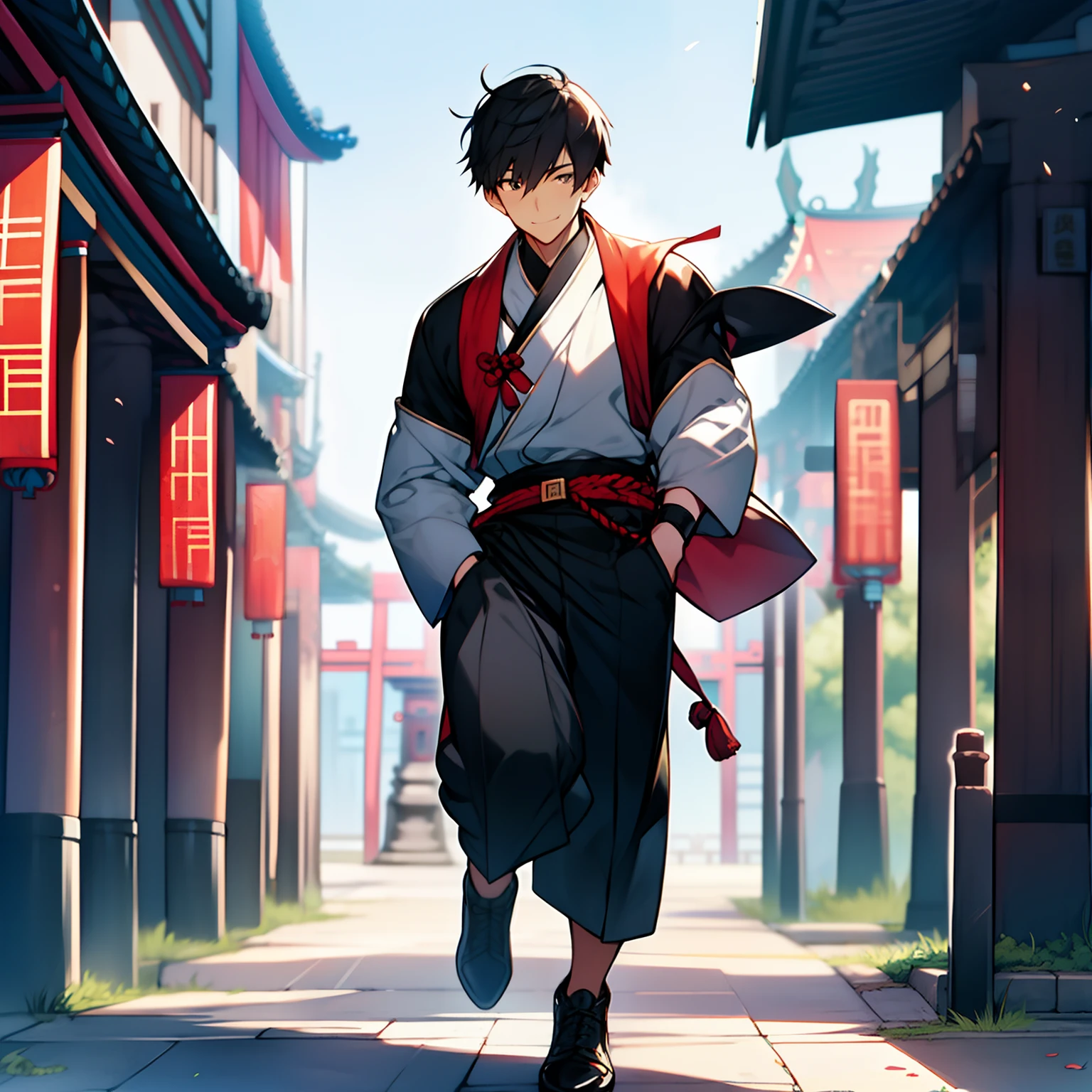 solo person，Libido boy，with short black hair，Keep the temperament exploding，Supple hair，hands in a pocket，Youth，Run fast，Stand on the city wall，ssmile，self-assured，Optimism，Dressed in Tang costumes with national characteristics，a belt around his waist，Wear cloth shoes on your feet，Background of ancient Chinese city