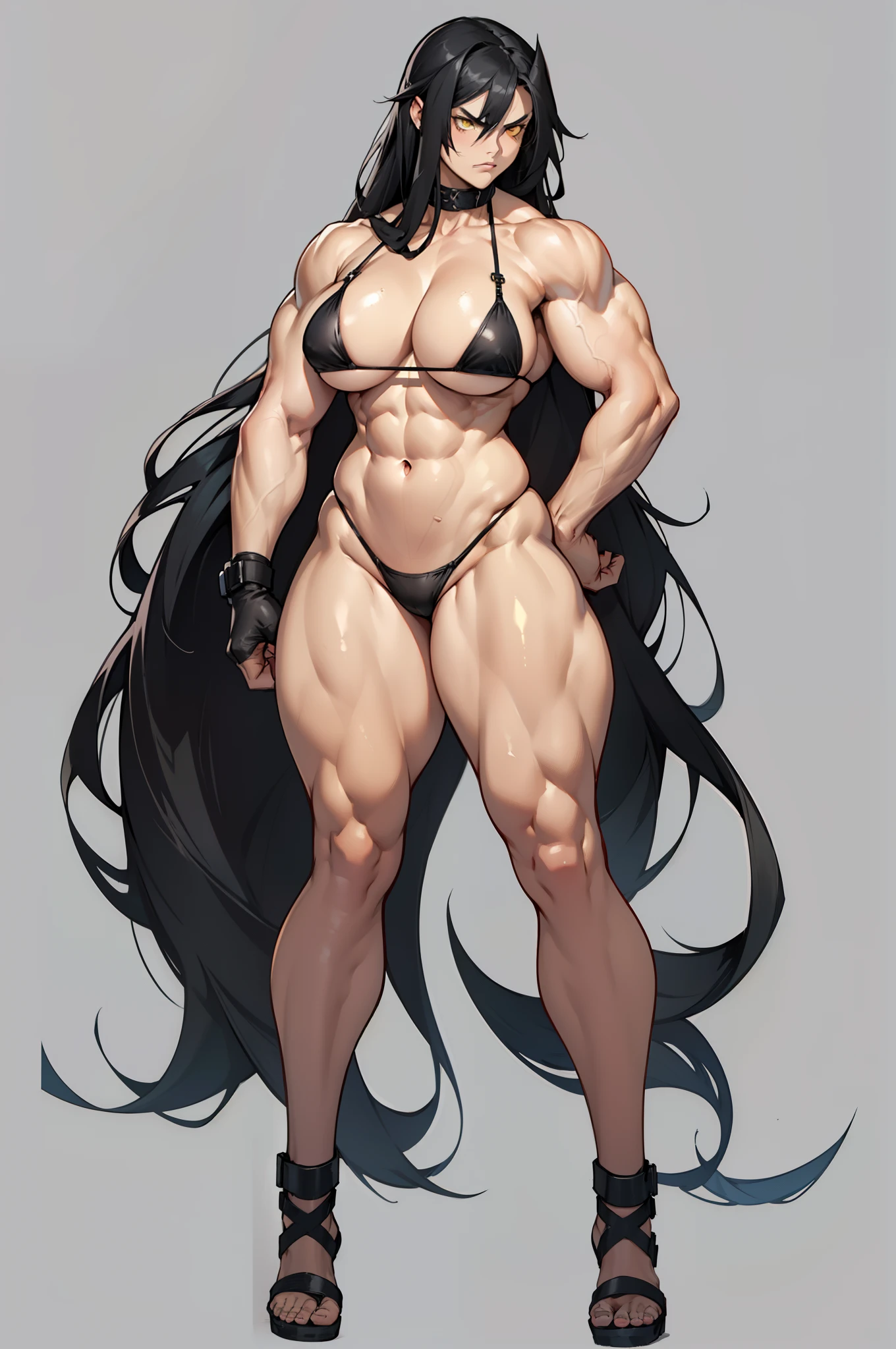 ((grey background)), solo, ((((1 girl)))), very long hair, black hair, angry, yellow eyes, (((((muscular))))), (huge tits), (thick thighs), (wide hips), (full body), pale skin, (micro bikini), standing, slick hair