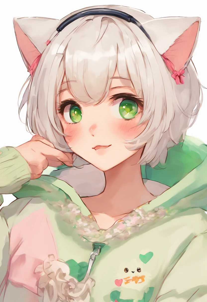 Flat chest,very short white hair,boy,femboy,skirt,green eyes,cat ears,mutiple images head view only,sticking tongue out,very big white sweater