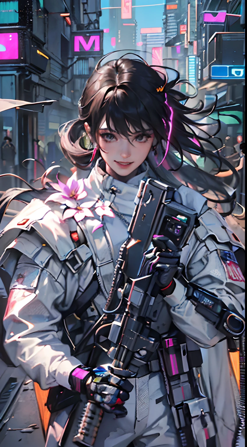 ((1male people))、(a handsome man:1.4)、(confident grin:1.2)、(30-years old)、(A dark-haired)、(Holding military weapons all over the body)、(Top image quality)、(8K picture quality)、(cyberpunk)、(masterpiece)、(Shining white costume)、(confident grin:1.2)、(Full body photo)、(An excessive amount of glowing flowers fly:1.5), Cinema Shadow, Sharp Image, Extremely detailed, Volumetric, Bright sprites, particles effect, beautiful effects, Vivid colors,, Highly detailed image textures, detailed hairs, Detailed face, Detailed eyes, Full body photo, hospital, Dark hair, Sparkling red aura, Photo from the knee up, beautiful effects, Vivid colors, Highly detailed image textures, detailed hairs, Detailed eyes,(Cyberpunk cityscape:1.5)、