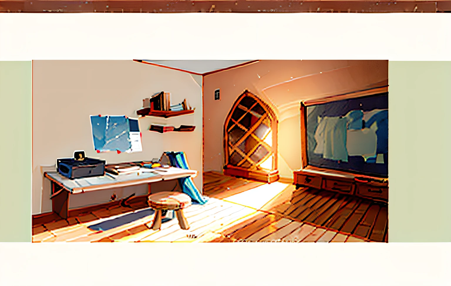 There is a drawing of a room with a table and a chair, um interior do quarto, arte de fundo interior, interior de uma pequena sala, em um fundo de masmorra, Quarto do pintor sem nome, fundo interior, pintura de um quarto, cena de rpg, random background scene, Quarto pequeno, fundo da taberna, Medieval D&d humor, Um quarto, dentro de uma taberna
