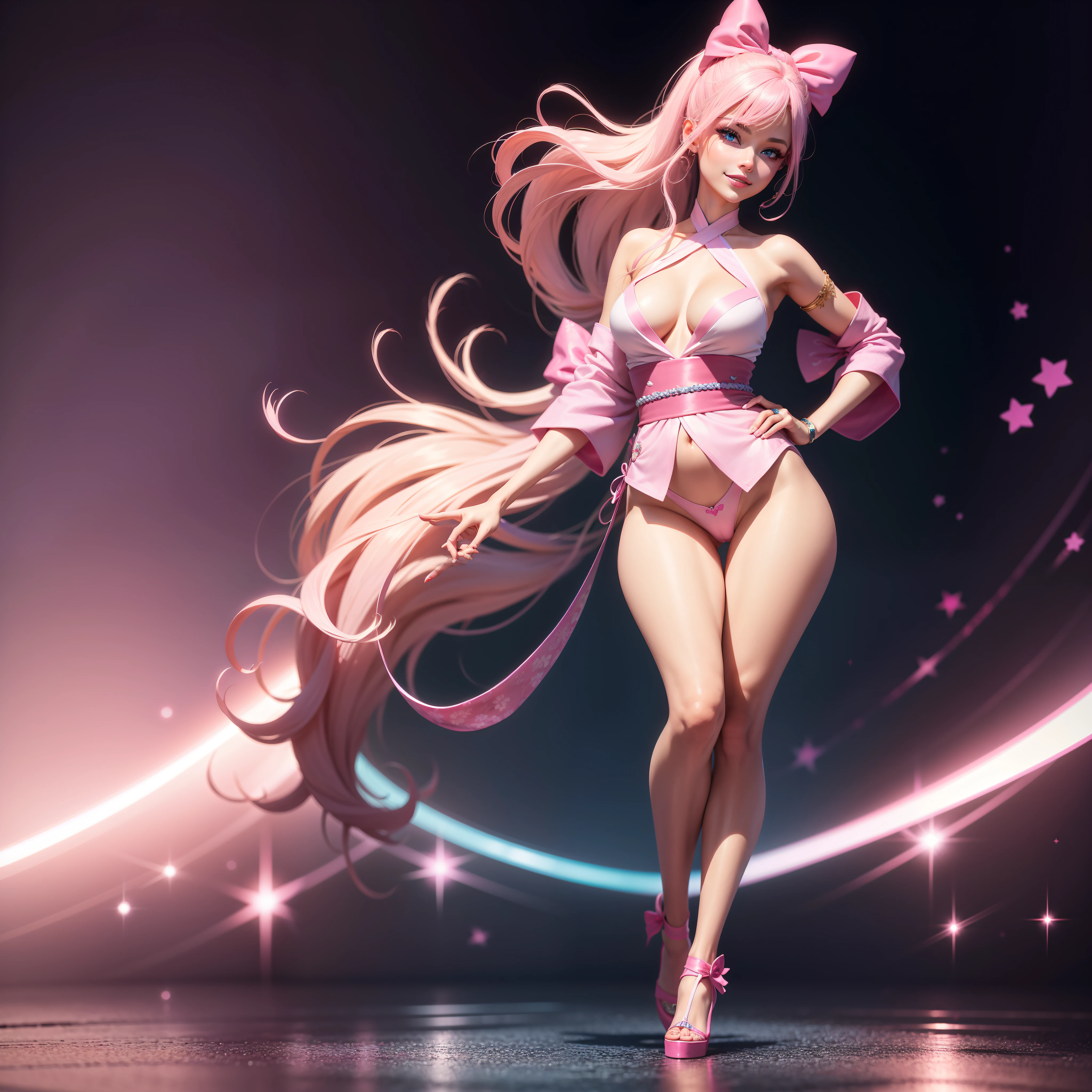 One Barbie, ((Full body)), Blue eyes, Smiling face, Hair loss swaying in the wind, Hip Hop Singer Pose, Dressed in hip-hop style, Wearing a pink kimono that reflects light,swarovski,pasties,With a pink bow on the arm, Fashion, Extremely high quality, high details, 8K, clean back ground, in studio, ((Full body shot)),Align your fingers neatly,Accurate Hand Modeling,wave her hand,