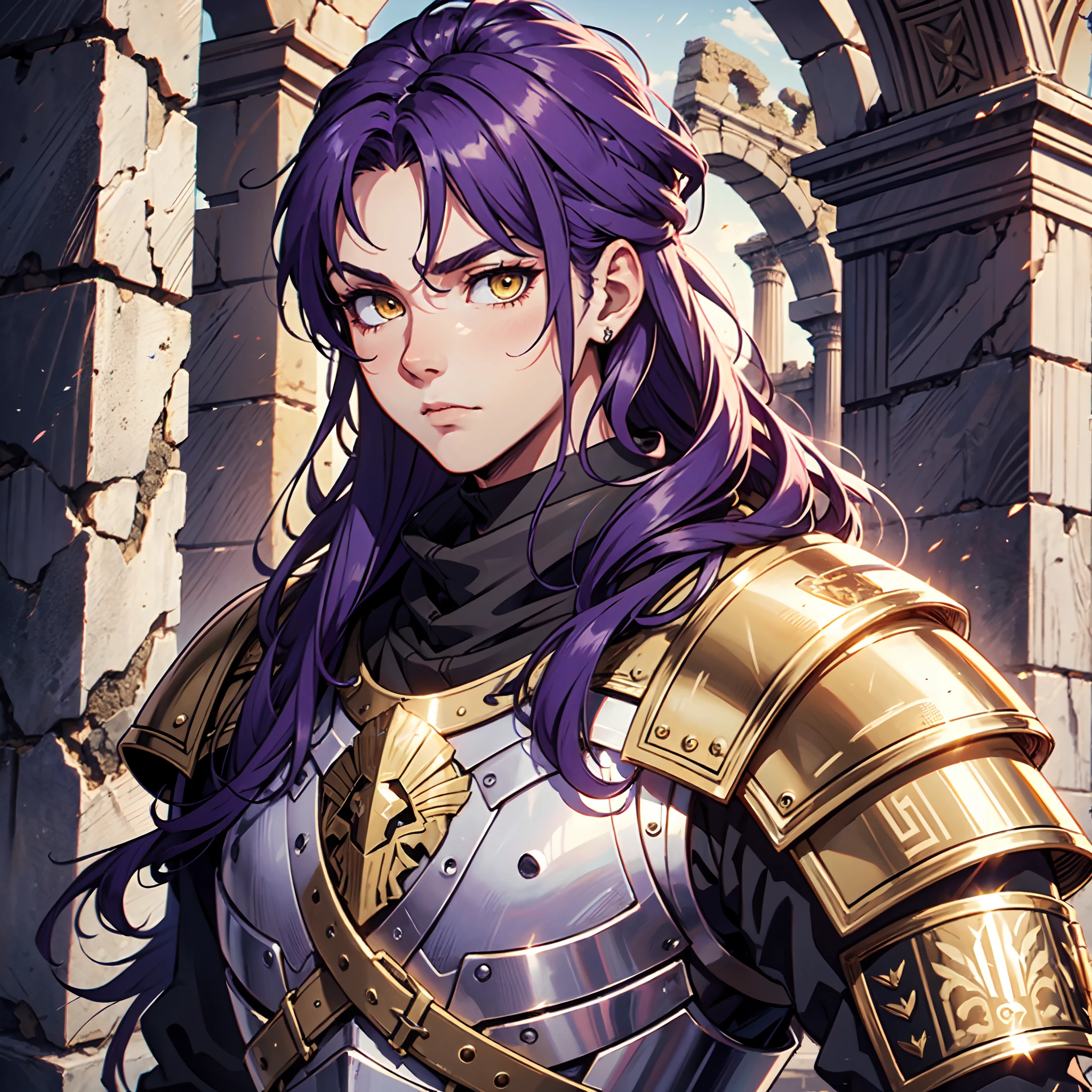 Ultra High Definition,
Ultra High Quality,
Hyper Definition,
Hyper Quality,
Hyper Detailed,
Extremely Detailed,
Perfectly Detailed,
8k,
1 Boy,
Long Purple Hair,
Under Cut Hairstyle,
Solid Yellow Eyes,
Handsome,
Armored With Roman Emperor Armor,
Ancient Roman Empire Ruins Background,