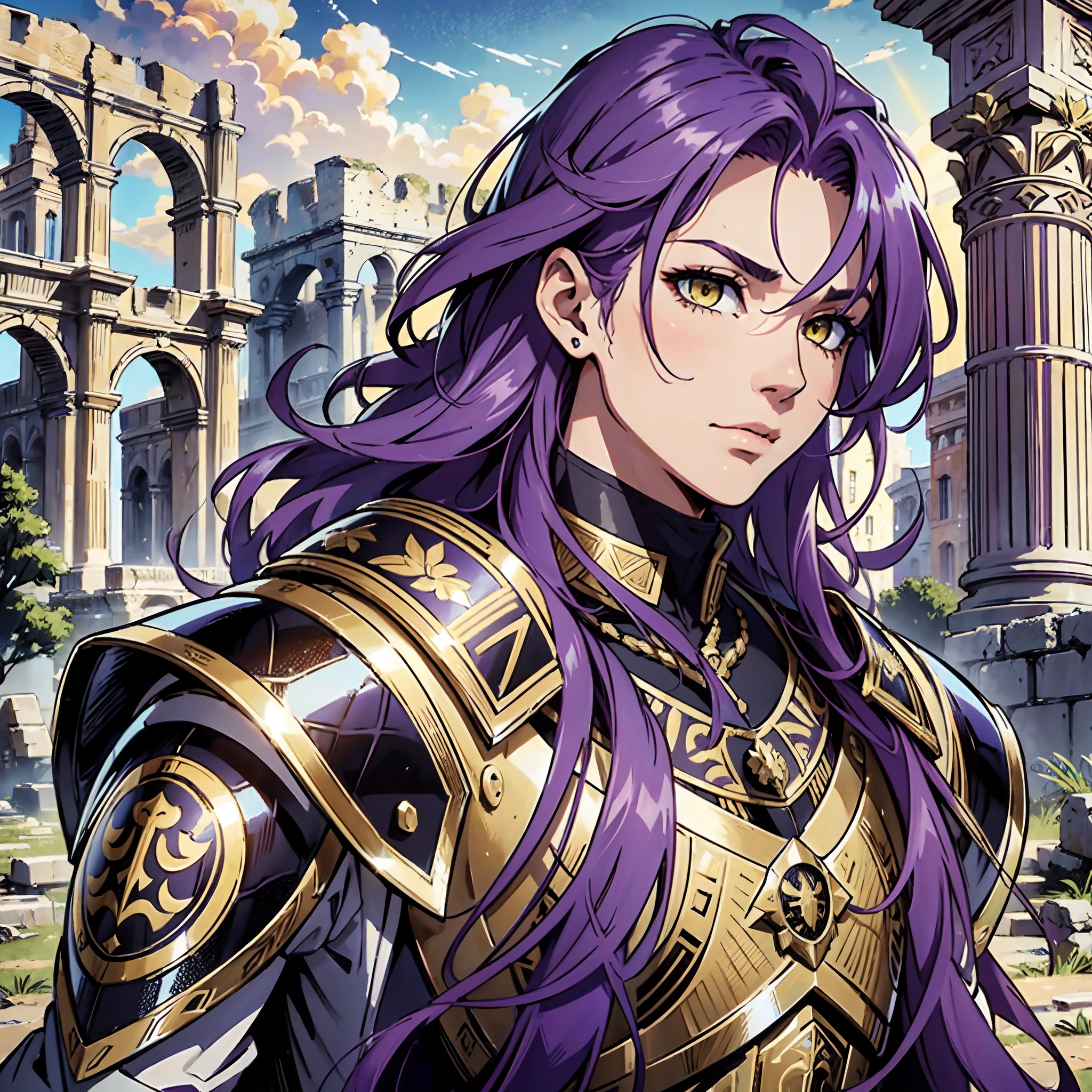 Ultra High Definition,
Ultra High Quality,
Hyper Definition,
Hyper Quality,
Hyper Detailed,
Extremely Detailed,
Perfectly Detailed,
8k,
1 Boy,
Long Purple Hair,
Under Cut Hairstyle,
Solid Yellow Eyes,
Handsome,
Armored With Roman Emperor Armor,
Ancient Roman Empire Ruins Background,