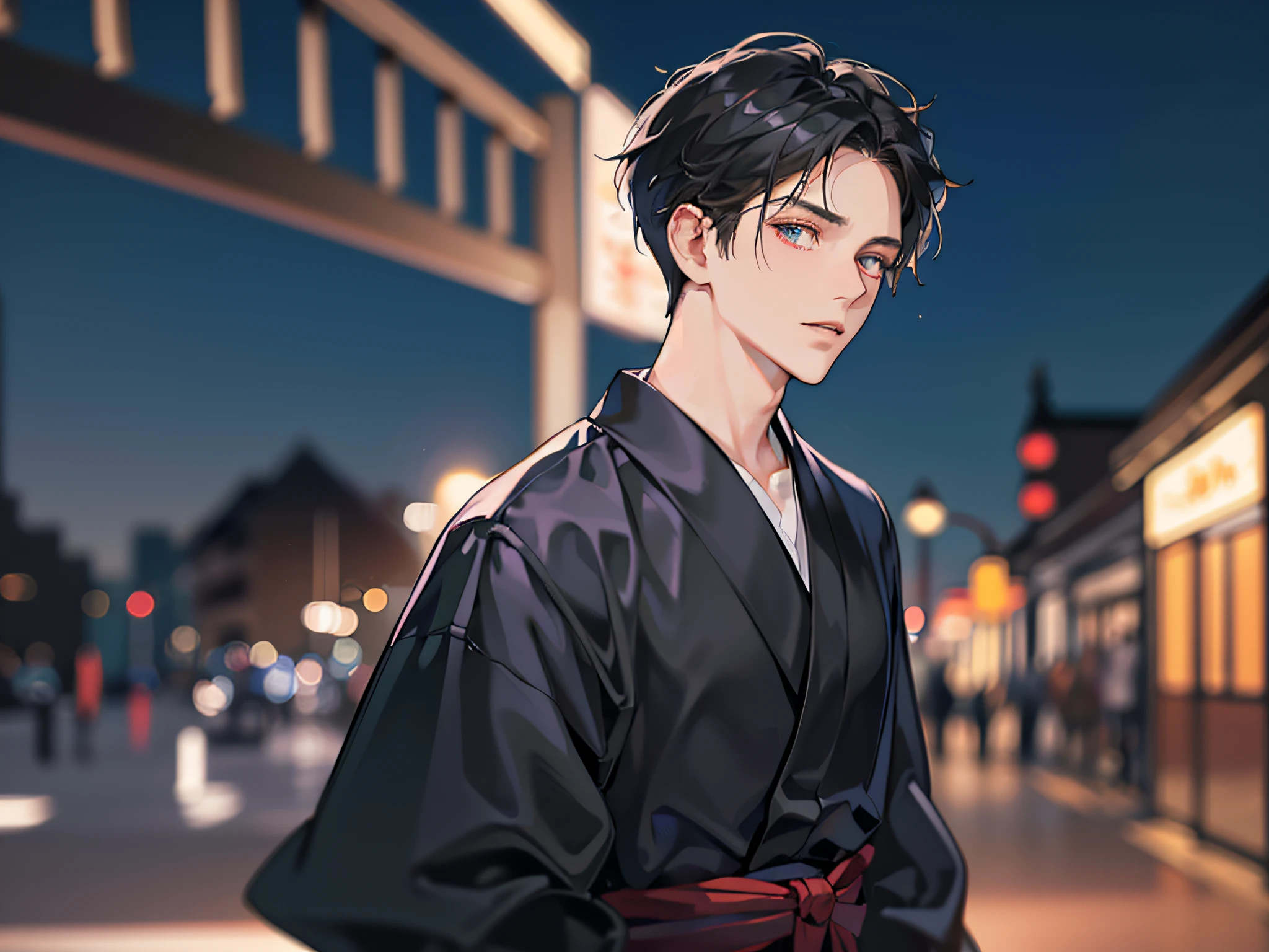 (Handsome men: 1.4), White shirt, Short black hair, Delicate face, Fair skin, Black kimono、 ((On the street at night: 1.4)), Night, Deserted, nobody, 8km HD Images, Masterpiece-level high-quality images,