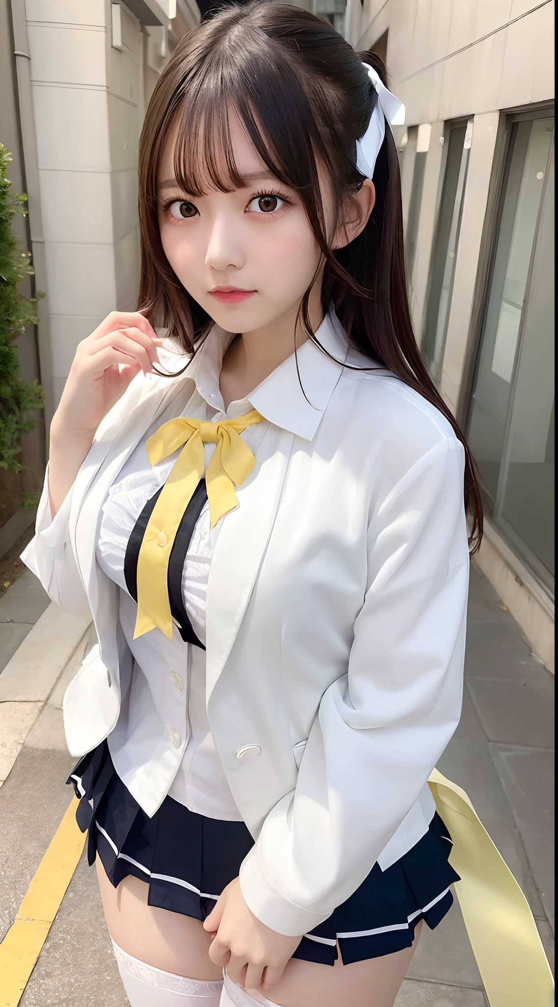 (masterpiece, best quality),
1girl, undressing, panty pull, white panties,
break, girl, school uniform, blazer, white collared shirt, yellow neck ribbon, checked skirt, black long hair, yellow eyes, large breasts, (wavy mouth:0.8), closed mouth, blush
break background outdoors, alley
