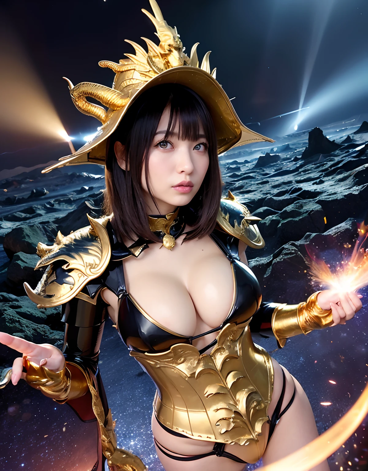 ((World of Darkness)),Professional , masterpiece、top-quality、photos realistic , depth of fields 、(((Fight dragons))),(Dragon Black Metal Body:1.9),(Latex Blue、(cleavage of the breast),(Fight dragons)、Full body angle、(((Particles of light))),(Micro Bikini Armor:1.7),Gorgeous gold weapons ,(Fight dragons)、Seductive look、The face of the dragon is out、(blood splattere、Armpit、((((With a magic wand))), ) , (((Wearing a black latex wizard hat))),(demonic wings) ,((a blond))、(Castle background)、((Gangle's forest background))、Beautiful Caucasian beauty、1a person、Armpit、dynamic ungle,(((Detailed Gold Dragon Wizard Hat)))、Smaller head、A smile、Castle background、Thin and beautiful female hands、cleavage of the breast、Soldier in iron armor on background、Mystical expression、Light Effects、intense fighting、Wind-effect、magic circles、With the legendary magic wand、Dragon's tail、explosions、Toostock、Toostock、(Beautuful Women),