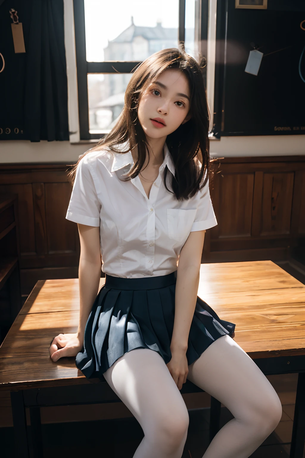 A woman sitting on a table in a white shirt and blue skirt - SeaArt AI