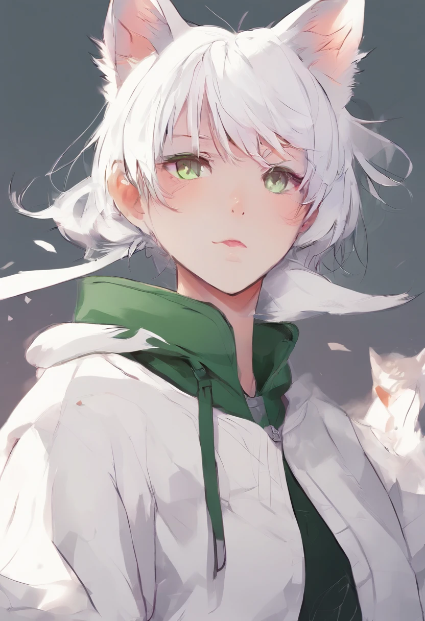 Flat chest,very short white hair,boy,femboy,skirt,green eyes,cat ears,mutiple images head view only,sticking tongue out,very big white sweater
