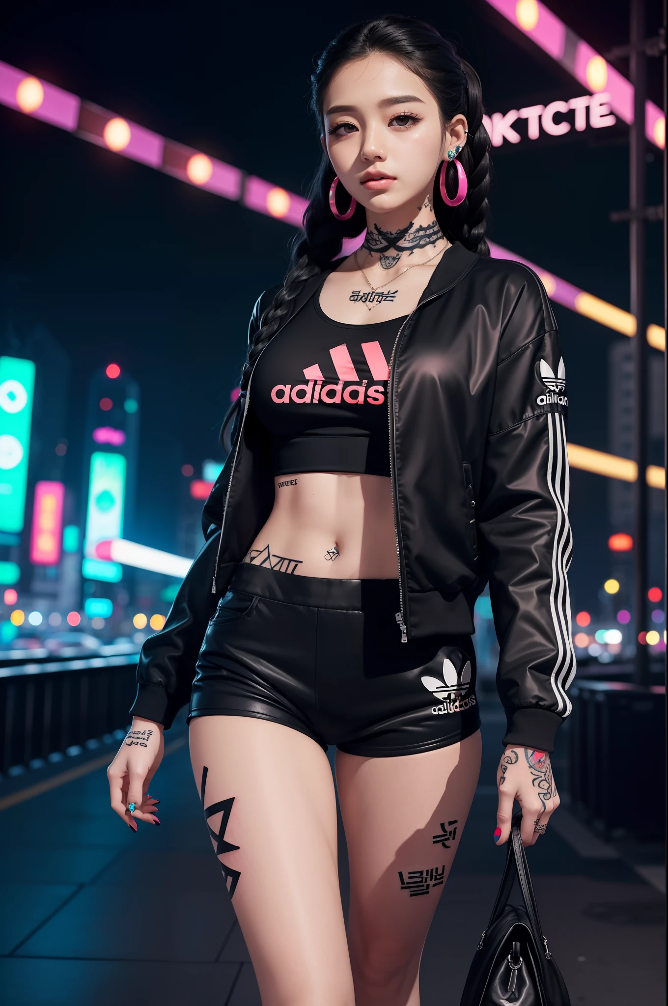 Masterpiece, best quality, 8k wallpaper, photorealistic, focus on face and torso and thighs, professional lighting, 1girl, walking in the middle of a walkway, looking at camera, 22 years old, ((korean:1.4)), hazel eyes, (skinny:1.3), black long braided hair, (black and white open Adidas jacket), t-shirt, black tracksuit shorts, (earrings), piercings, (tattooed legs:1.4), (tattooed neck:1.5), ((night city with skyscrapers and neon lights)), (beautiful face, detailed face, detailed skin, detailed hair)
