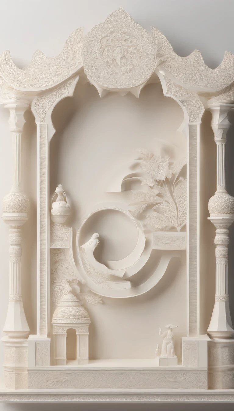 3D white frame, relief rounded frame, no object on the center of the frame, blank frame content, meticulously carved, white ivory carving, minimalistic, white spaces, javanese illustration on circled blank backgound, pastel, javanese style, blank background, multidimensional paper fog crafts, paper illustration, portrait angle view, surabaya, 8k,chick, elegant, satisfying, forrestrial, high resolution, 8k
