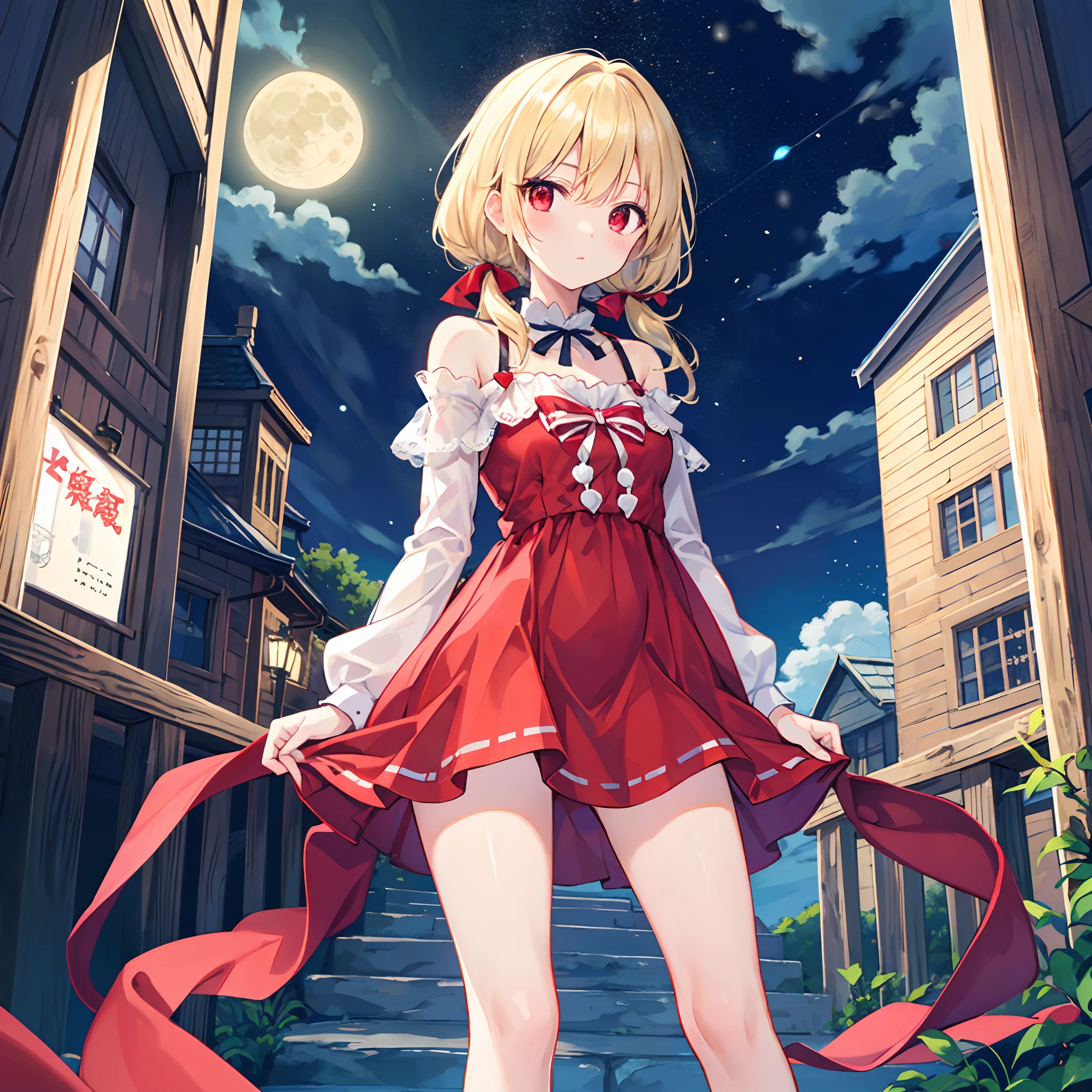 a blond、poneyTail、red eyes、Beautiful girl alone、Red dress、off shoulders、a miniskirt、a moon、natta、Kamimei