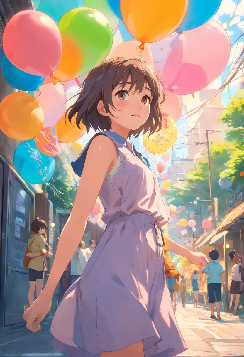 A girl with a zoo, Many balloons, cheerfulness, cheerfulness, Perfect quality, Clear focus (clutter-home: 0.8), (Masterpiece: 1.2) (Realistic: 1.2) (Bokeh) (Best quality) (Detailed skin: 1.3) (Intricate details) (8K) (Detail eyes) (Sharp focus), (cheerfulness)