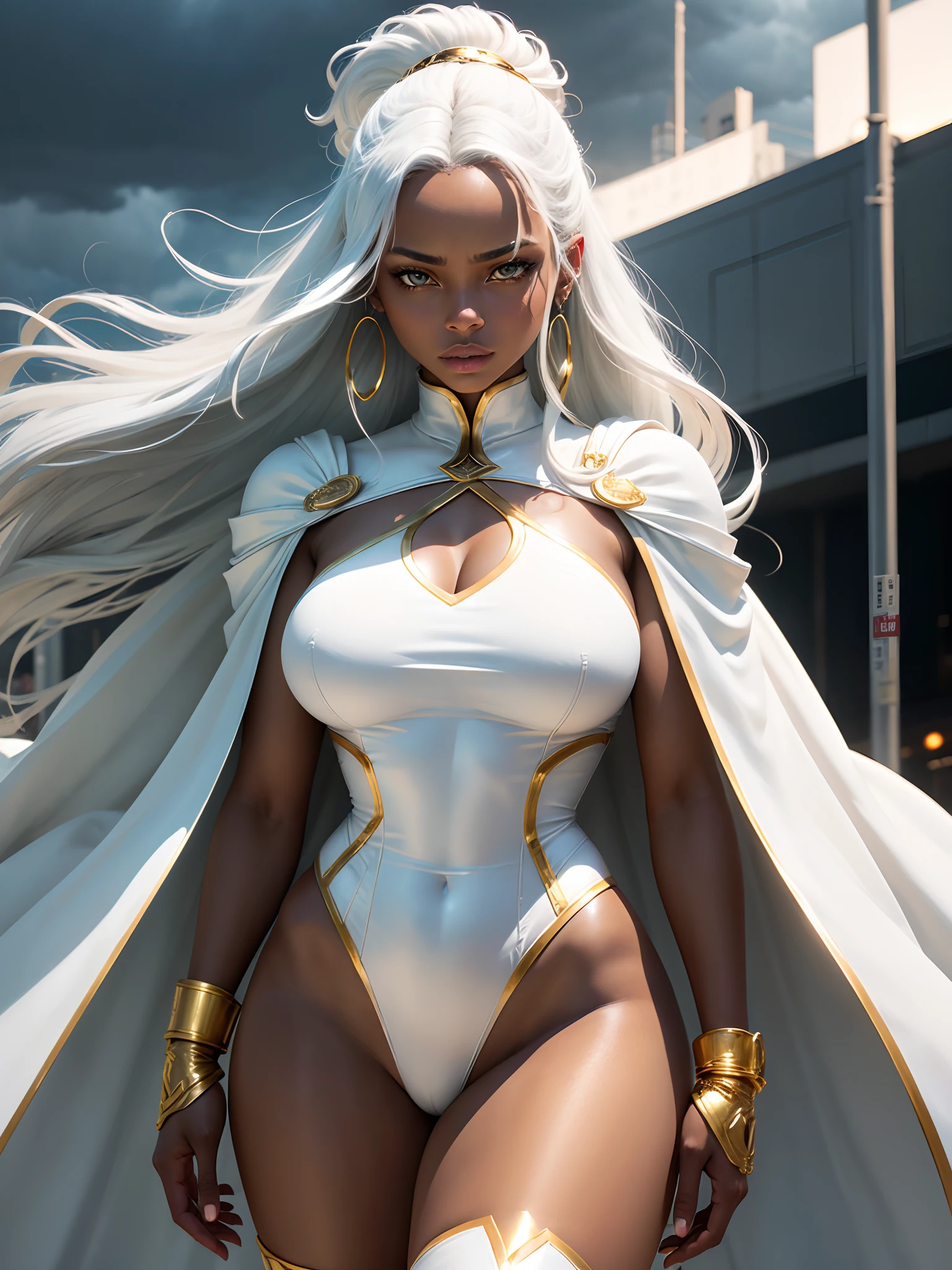 (dark skin: 1.6), (New York: 1.4), (time square: 1.3), (Day with Thunder and Lightning: 1.5), Storm, also known as Ororo Munroe, is a Marvel character with a remarkable appearance. She is a dark-skinned woman with a pretty face and perfect features, with bright white eyes and long silver hair that flows like a storm. Her height and size are impressive, conveying a majestic presence. Her iconic costume consists of a white leather outfit that clings to her body, accentuating her curves, with gold details including a high collar and long gloves. She wears a cape that extends to her ankles, reminiscent of the clouds of a gathering storm. Storm also sports dangling earrings and a gold belt. Her clothes evoke a balance between elegance and power, reflecting her ability to control the natural elements, especially the weather. (athletic body: 1.5), (Bright white outfit coru leotard: 1.5), (average breasts: 1.3), (hanging breasts: 1.3), (full breasts: 1.3), (realism:1.5), (Realisitc:1.4), (Absurdity:1.4), 8k, ultra-detailed, Detailed beautiful woman, (only:1.4), 1girl, (Viewer facing:1.2), (Day with storm and lightning: 1.5), Intricate body details, (Curvy: 1.3),(short:1.3)