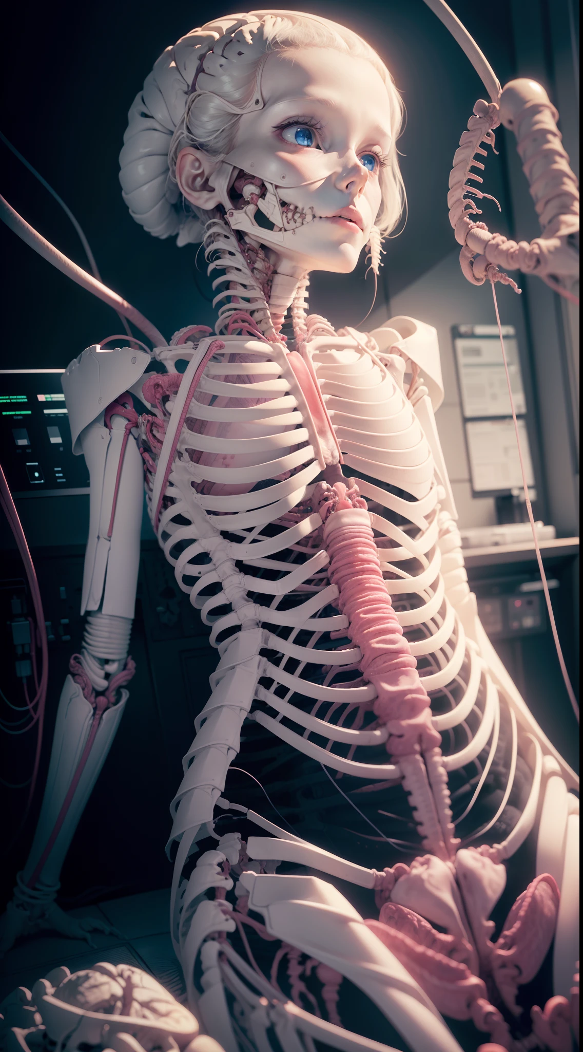 Girl, looking up, ((brain)), open head, ((rib cage)), nerves connected to head, (((intestines))), heart, ((internal organs)),((Rotting flesh body)), (blood), bones, ((vertebrae)), ((biological cables)),sitting, full body, connected to biological machine, blue eyes