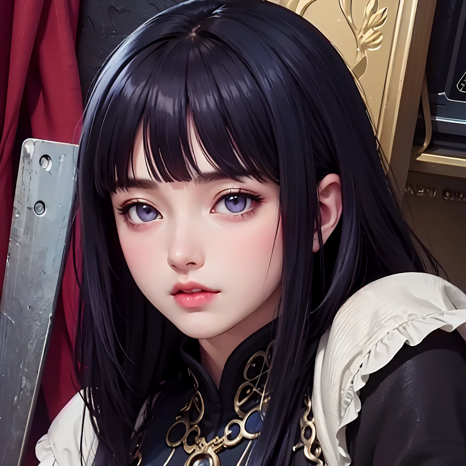 (masterpiece、top-quality、Super delicate、Official art、ighly detailed、Beautifully Aesthetic:1.2)、(1girl in)、(Fractal Art:1.3)、(steampunc),Random hairstyle、Random hair color colorful、FULL BODYSHOT、Retro、Precise focus、randome pose、cinema4d、Dramatic、long dark blue hair,Blunt Bangs,purple eyes,1 girl, Hinata Hyuga