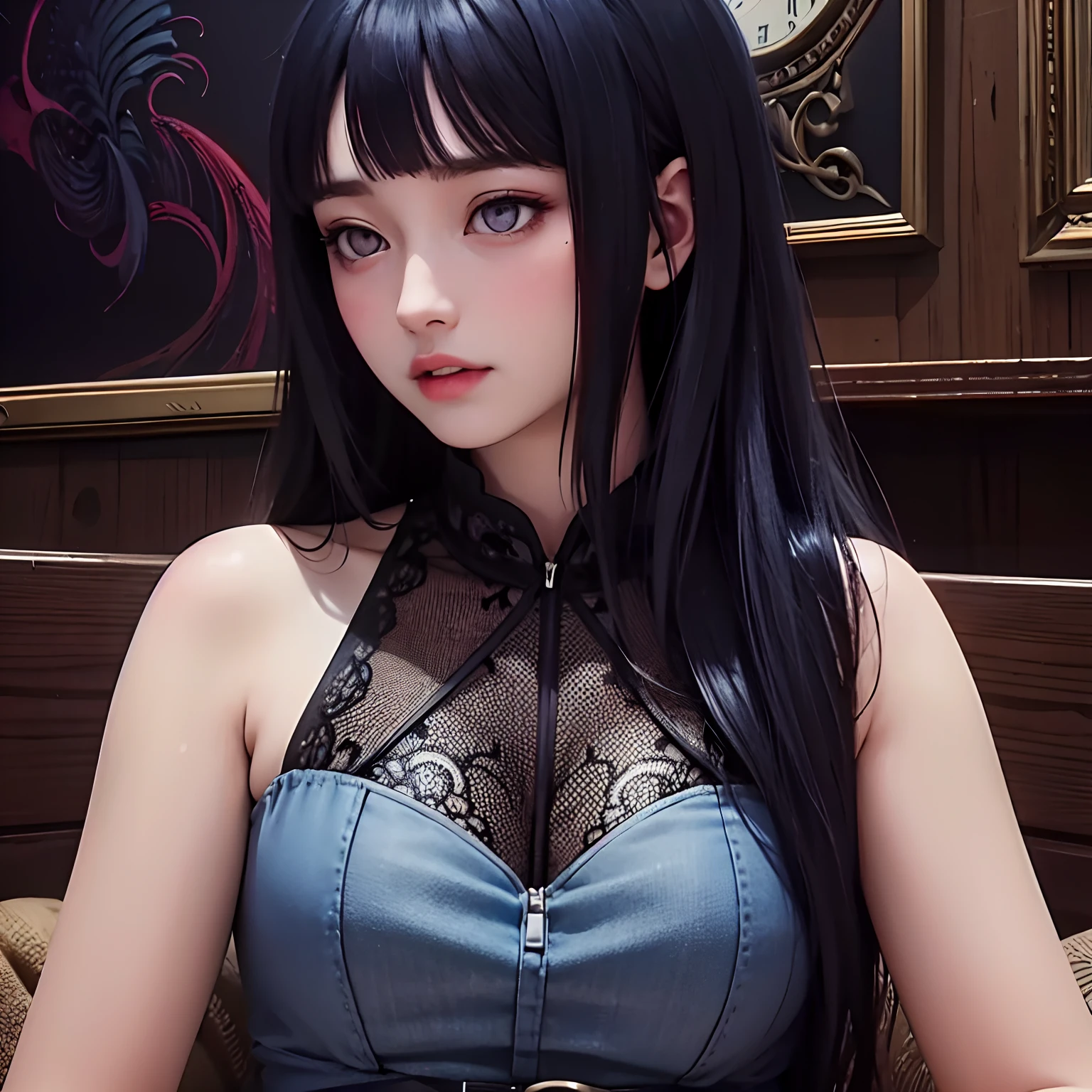 masterpiece, best quality, high quality, perfect anatomy, ultra detailed, perfect design,
BREAK,
mature woman, beautiful detailed face, realistic skin, (shiny glossy skin),
BREAK,
purple eyes, ((realistic eyes)), ultra detailed eyes, beautiful high light eyes, slant eyes, eyelash, double eyelids,
BREAK,
black hair, (long hair), slice cut side hair, thin hair, (blunt bangs), shiny glossy hair,
BREAK,
(evil smile), open mouth, ((tongue out)), (nose blush), pink lips,
BREAK,
((black elbow gloves)), (((fishnet tights))), (((black crop top leotard))), intense and extreme latex reflective, open navel, (((cleavage cutout of heart))), (puff sleeve), (((huge breasts))), (erection of nip-ples), (((wedgie))), black long boots, (camel-toe),
BREAK,
(((sitting on the bed))), ((putting hands between legs)), (((leaning forward))), (spread legs), from above, looking up, (focus face).
BREAK,
(luxury hotel room, pink bed), top light, warm light