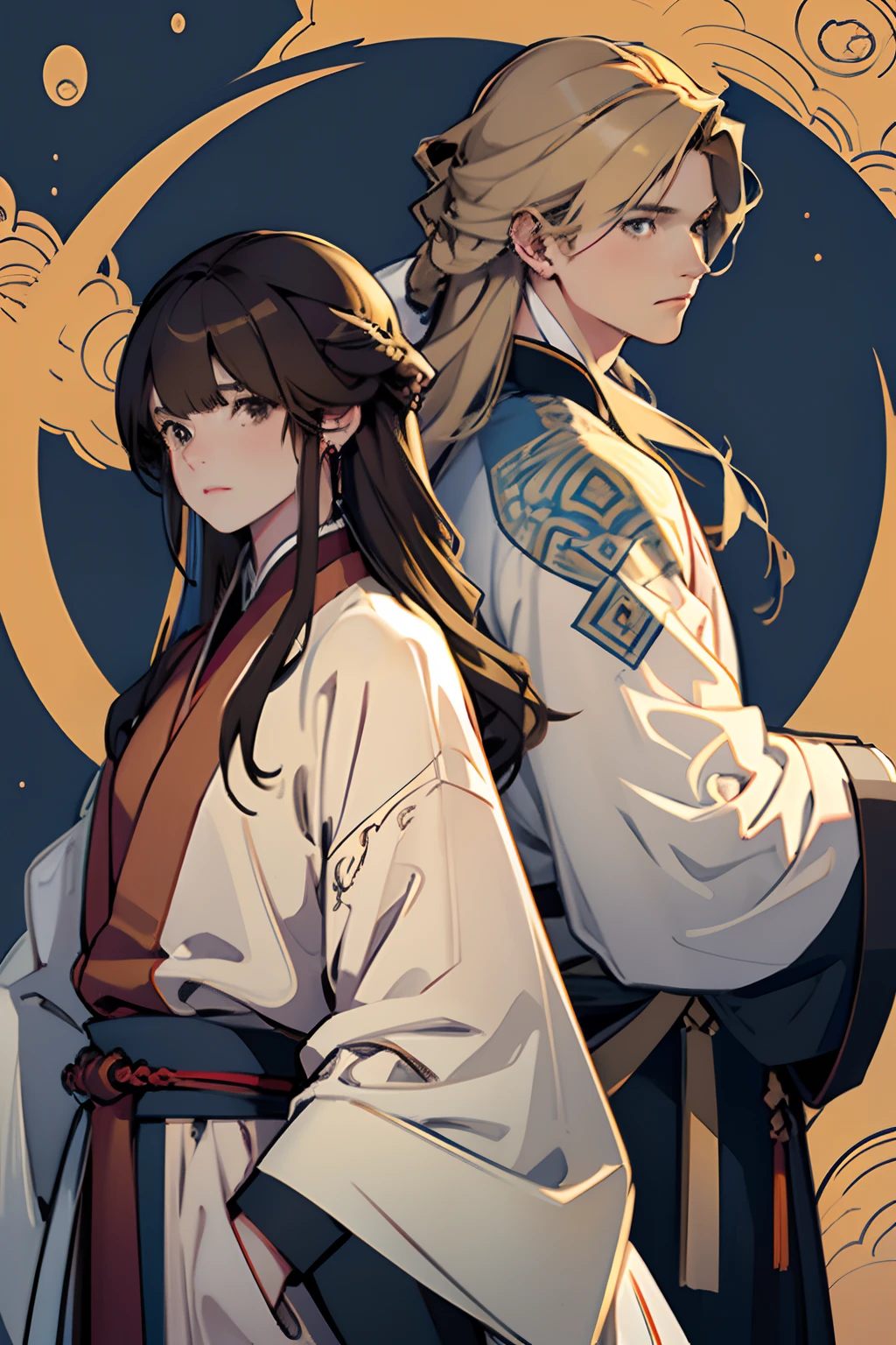 t32k, best quality, masterpiece, super detail, high details, one girl and one boy, two characters who are friends, long wavy blonde hair young man in midnight blue color clothes,long hair man, brown hair young woman in white clothes , brown eyes girl with bangs, back to back , calm expression, ancient china , flat background, Chinese pattern background
