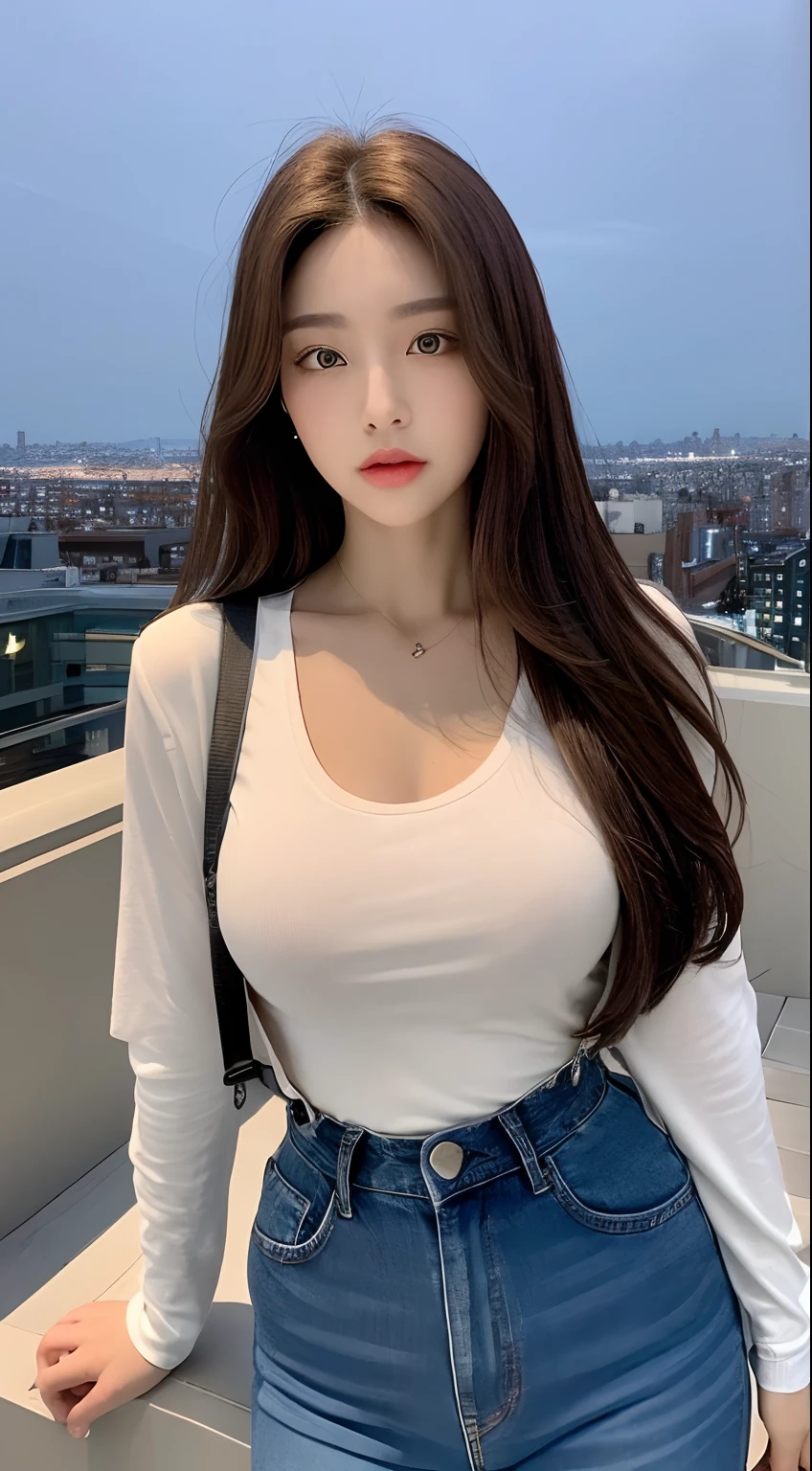 ((Midnight, Best quality, 8k, Masterpiece :1.3)), Whole body, Long legs, Sharp focus :1.2, A pretty woman with perfect figure :1.4, Slender abs :1.1, ((Dark brown hair, ??????????? :1.2)), (White tight tshirt, Jean bib, Standing:1.2), ((Night city view, Rooftop:1.3)), Highly detailed face and skin texture, Detailed eyes, Double eyelid