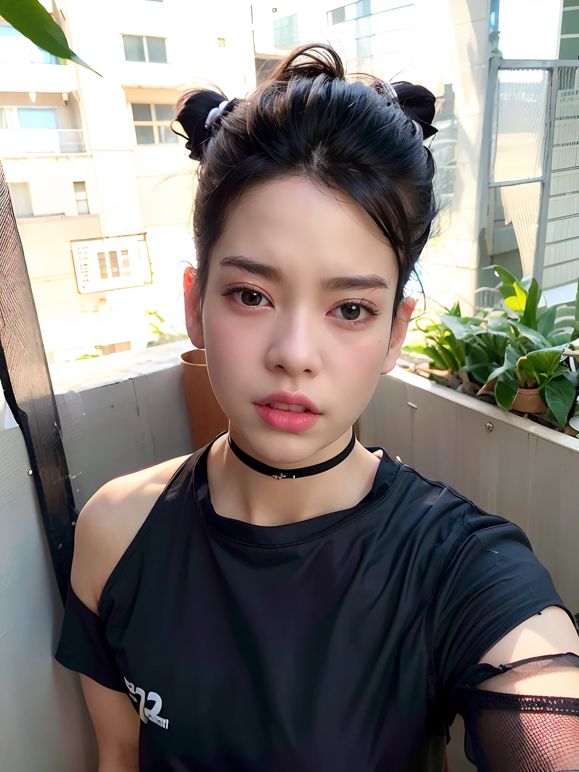 top-quality、超A high resolution、(Photorealsitic:1.4)、女の子1人、Off-shoulder white shirt、Black tight skirt、Black choker、(faded ash gray hair:1)、(huge-breasted:1.2)、looking at viewert、a closeup、topless、vaginal,sex and change background