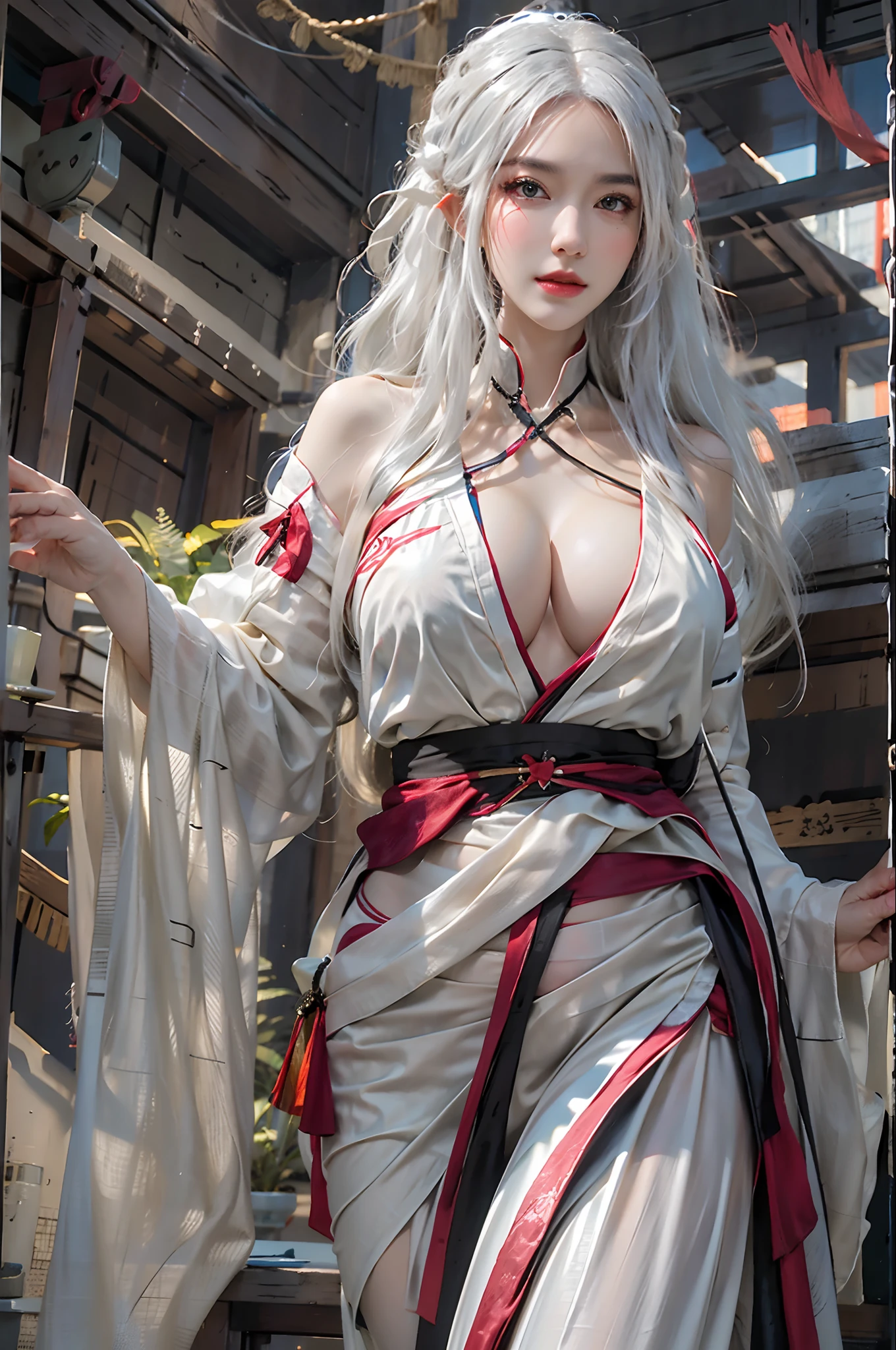 Photorealistic, high resolution, 1womanl, Solo, Hips up, view the viewer, (Detailed face), White hair, Long hair, Medium breasts, A tattoo on the crotch, Taoist costumes