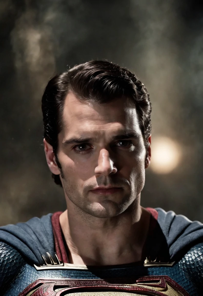 Photo RAW portrait handsome, Henry Cavill super man, piercing gaze, high quality textures, high quality shadows, high detail, beautiful detail, fine detail, extremely detailed computer graphics, detailed textures, realistic faces, atmosphere of fear and unease, sensual moment from the point of view of someone in a close embrace with a muscular man bathing in smoke with bright laser eyes