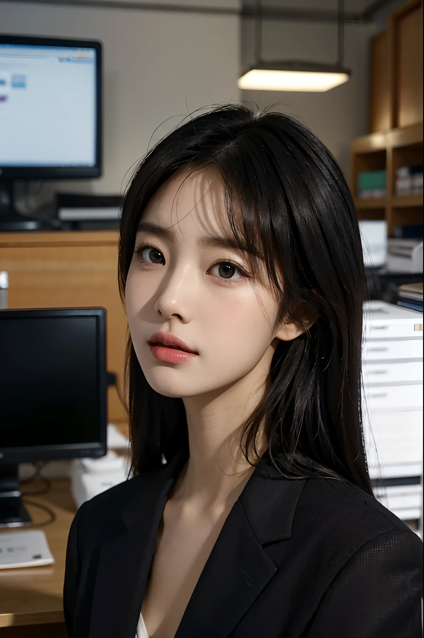 High-res, Realistic portrait of professional korean office lady with perfect skin，Professional suits，Women's suits，stand posture，The upper part of the body，Women in the workplace，Show confidence and maturity, Surrounded by a modern corporate environment, Vibrant and naturally lit highlights. The artwork should emphasize her elegant facial features, Including charming long eyes, Fluttering eyelashes and seductive lips. The scene should be enhanced with elements of professionalism and visual appeal，For example, Stylish work desk, Mainframe computers, High-resolution display, and complex stationery. The overall tone should be warm and professional, Has a soft and natural color palette. The artwork should exude a sense of professionalism, Success, and cultural pride，The background is blurred out