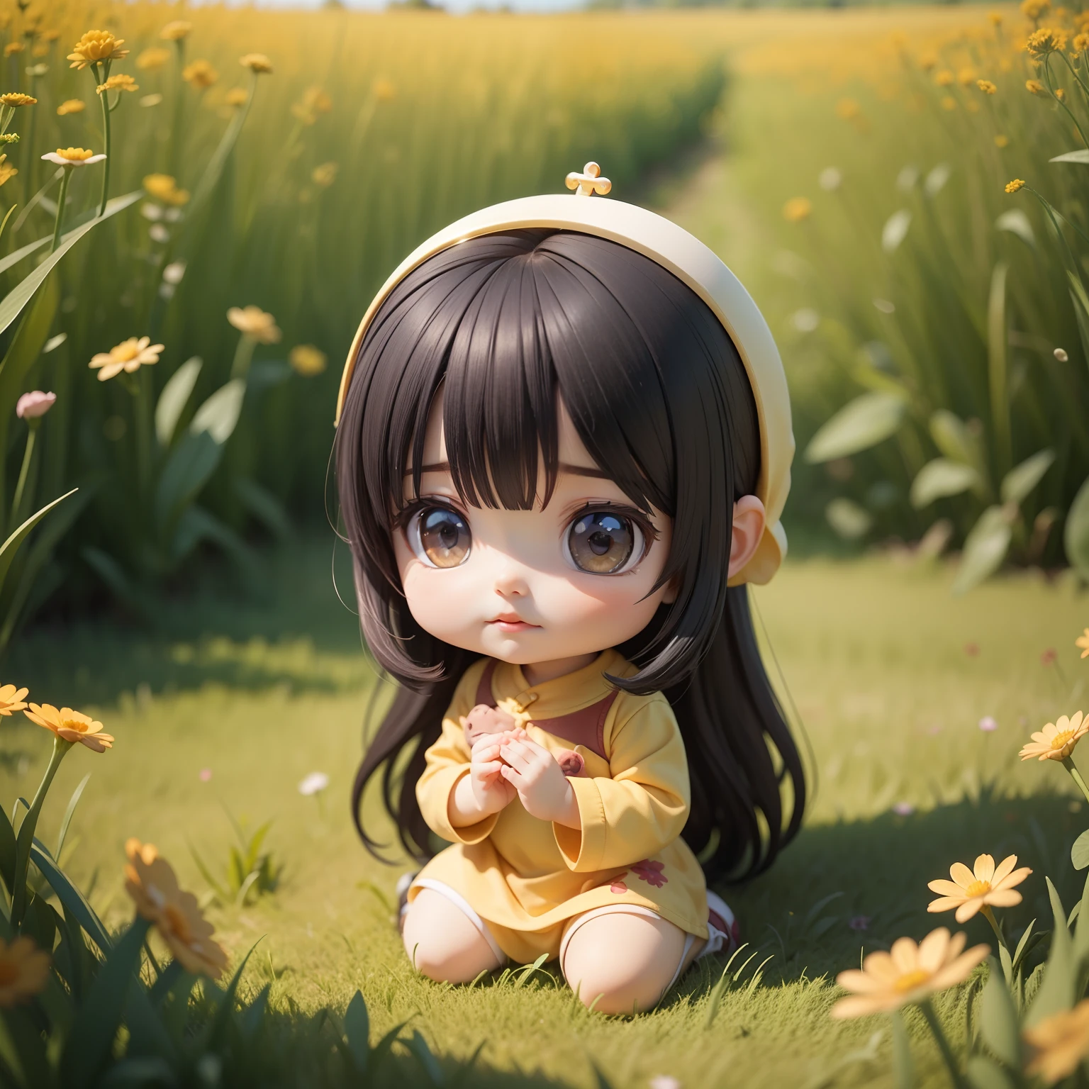 A cute baby Chibi Anime with black straight hair, in a meadow. The baby has a small face with extremely detailed features. The anime character is in a praying position, showing an expression of faith and worship. The artwork should be in Chibi style and rendered in 3D for the best quality. The prompt should capture the essence of a masterpiece.